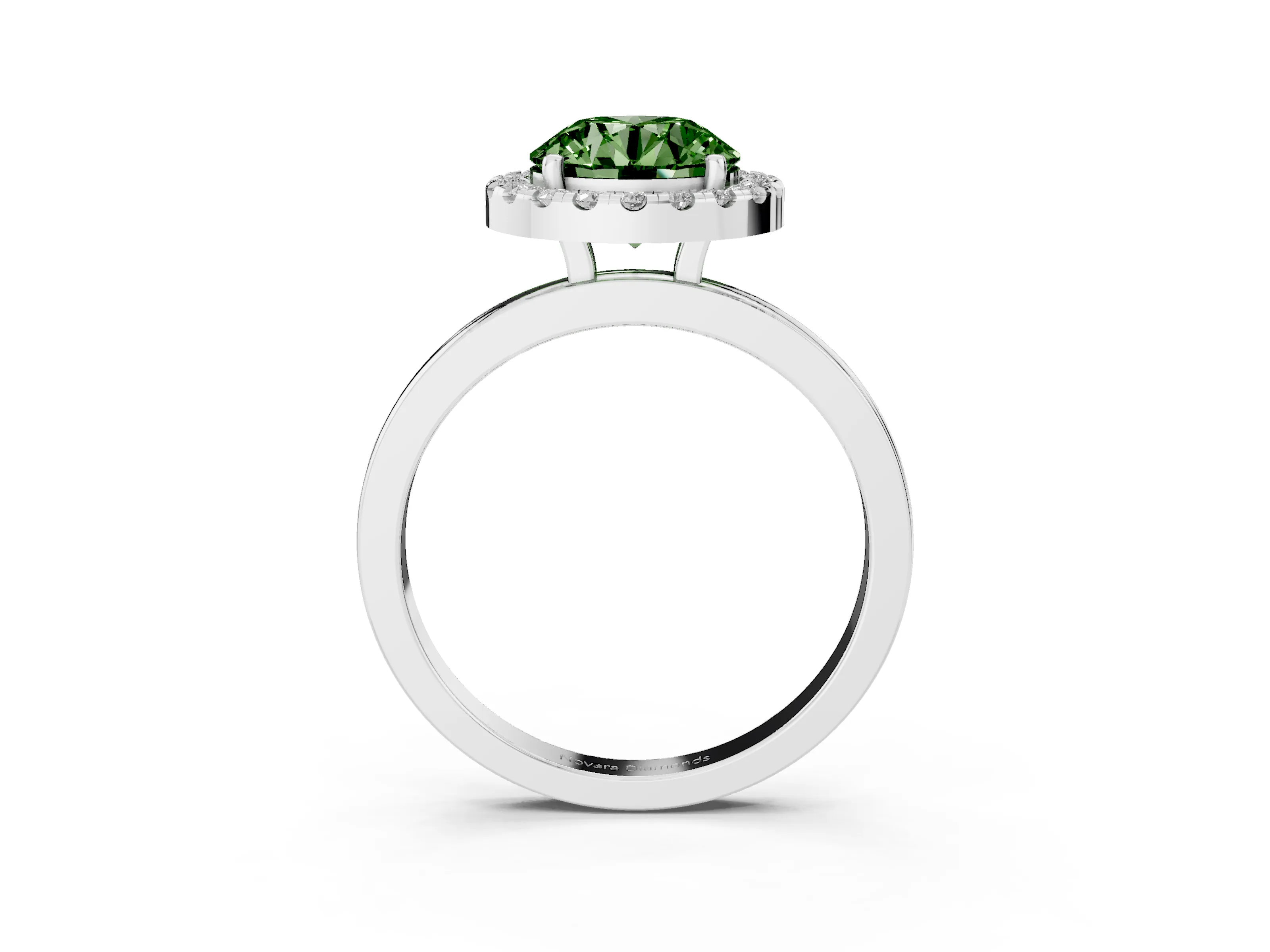 Fancy Green Round Cut Diamond Halo Solitaire Ring Set in Platinum with Pavé Band and Prong Setting