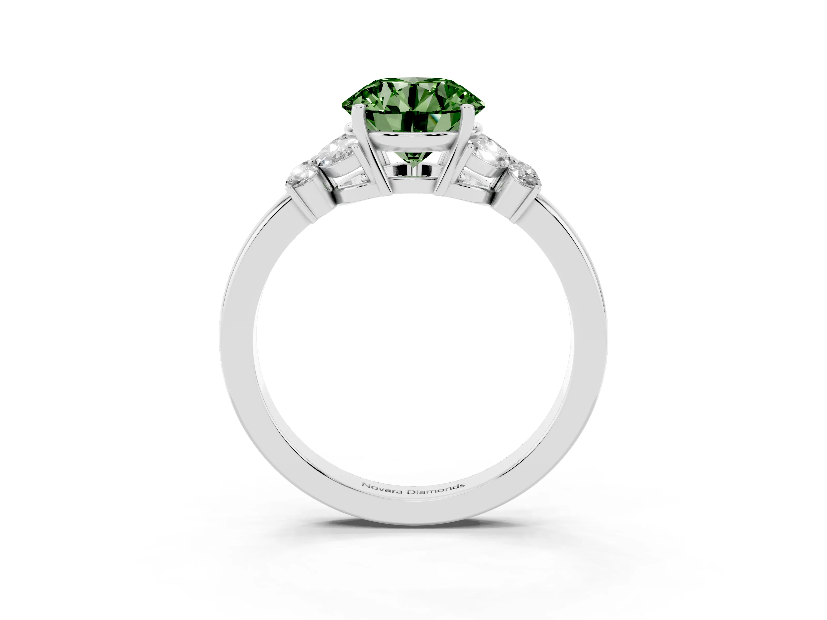 Fancy Green Round Cut Diamond Solitaire Floral Ring Set in Silver with Marquise Petals and Prong Setting