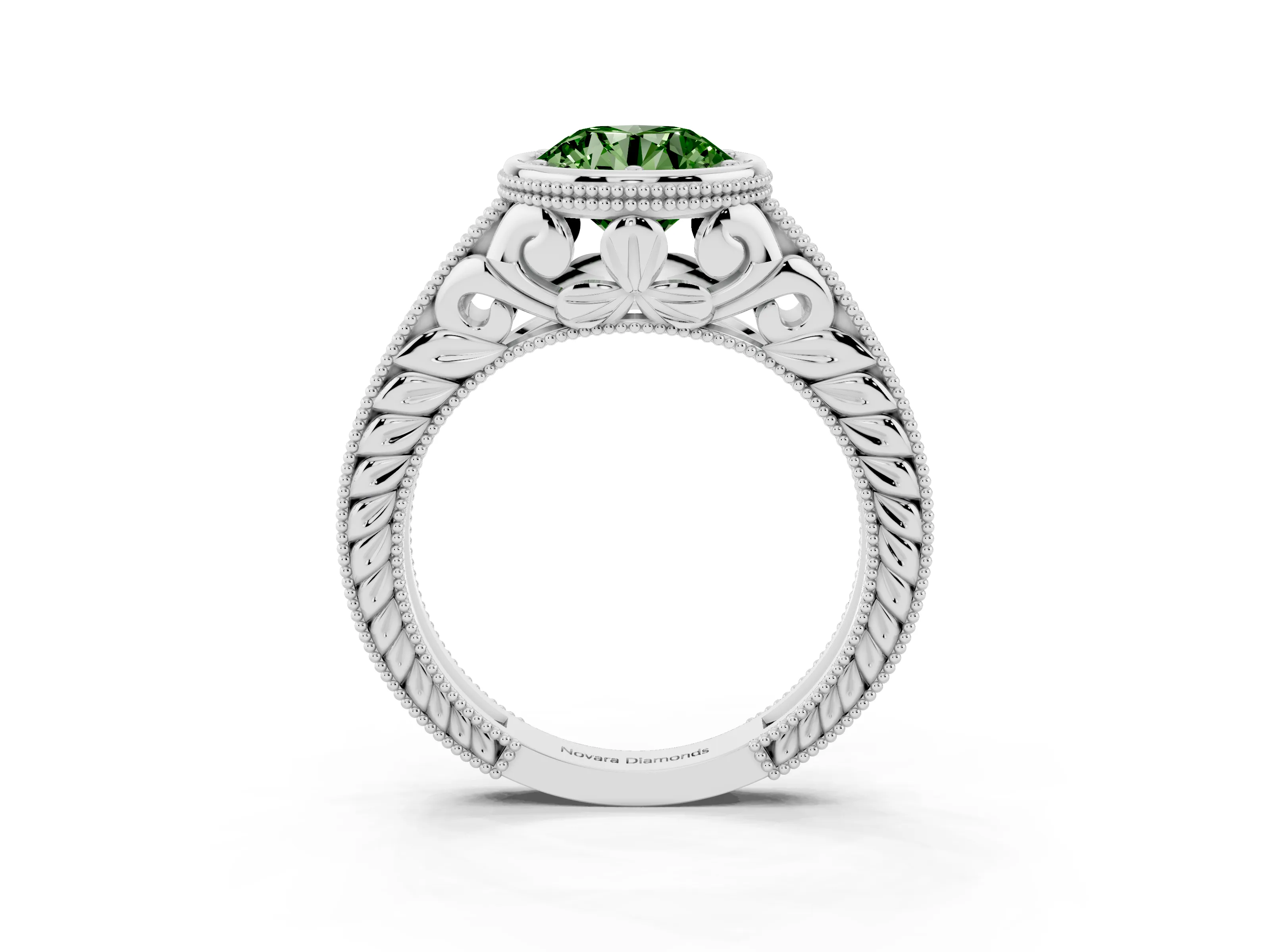 Fancy Green Bezel Set Round Cut Diamond Milgrain Pavé Engagement Ring Set in Silver