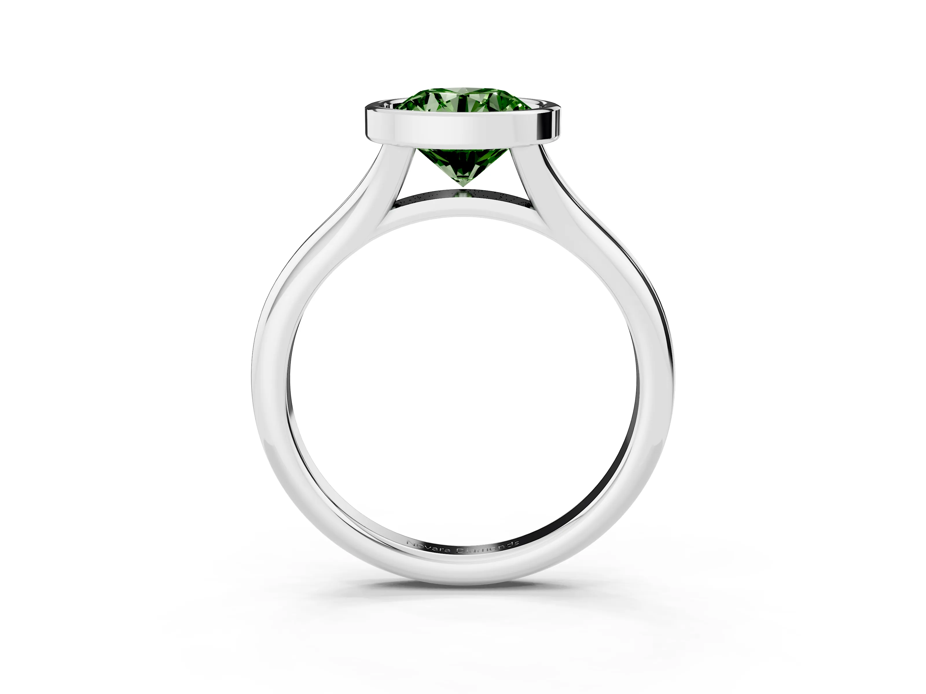 Fancy Green Bezel Set Round Cut Diamond Solitaire Ring Set in White gold with Smooth Band