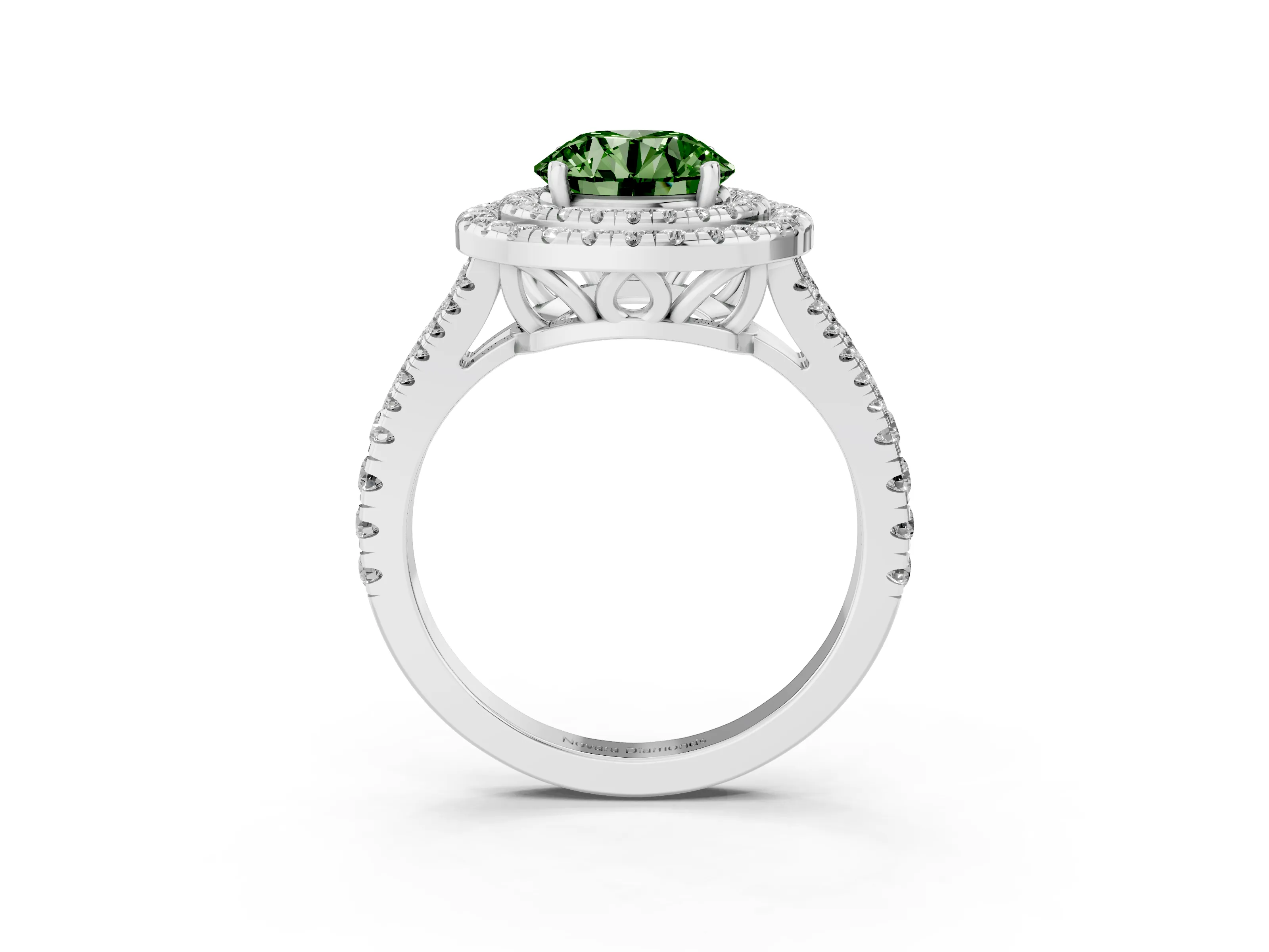 Fancy Green Round Cut Diamond Double Halo Ring Set in Platinum with Pavé Band