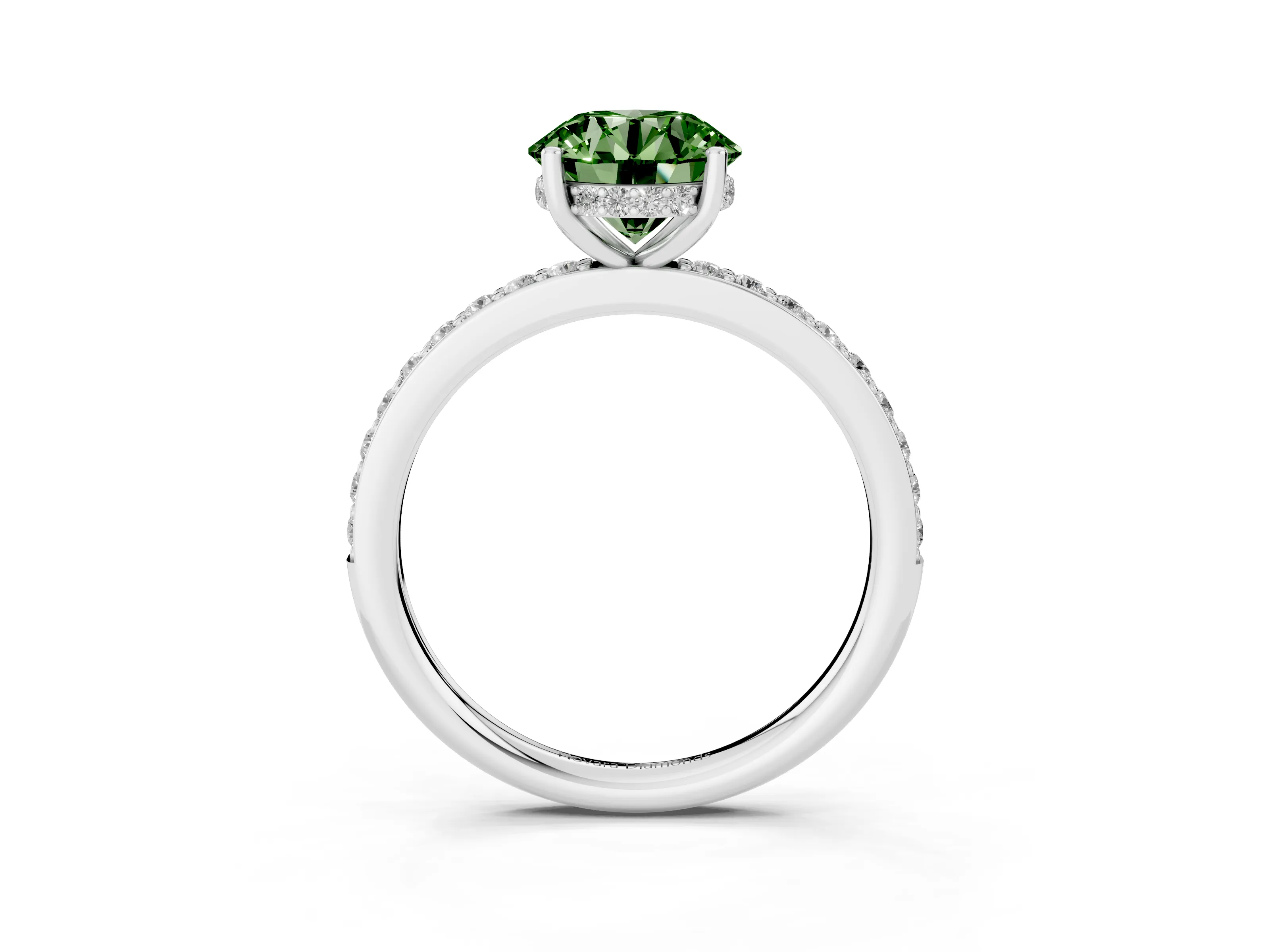 Fancy Green Round Cut Diamond Pavé Band Ring Set in White gold with Prong-Set Center Stone