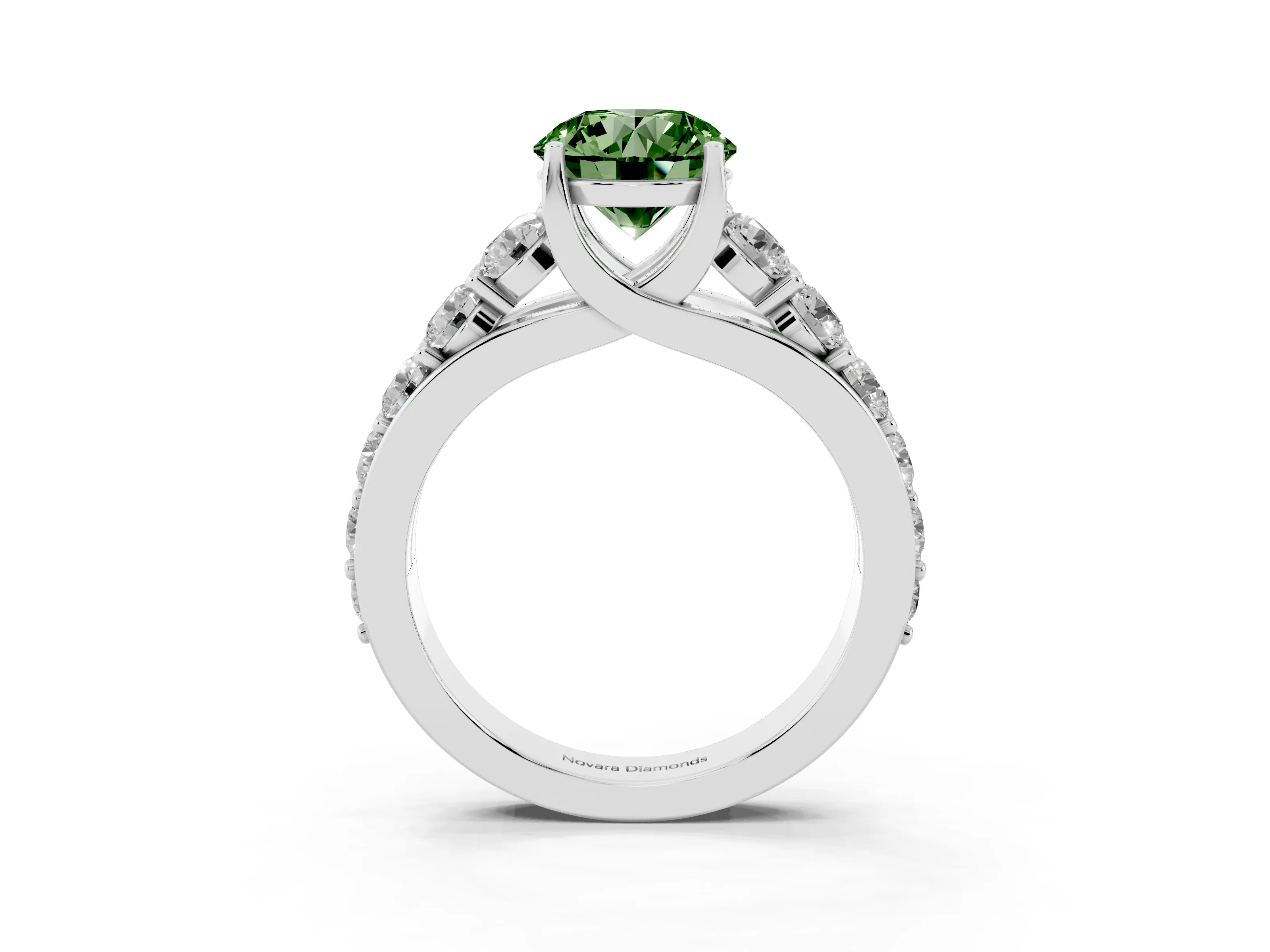 Fancy Green Round Cut Diamond Pavé Engagement Ring Set in Silver with Prong Setting