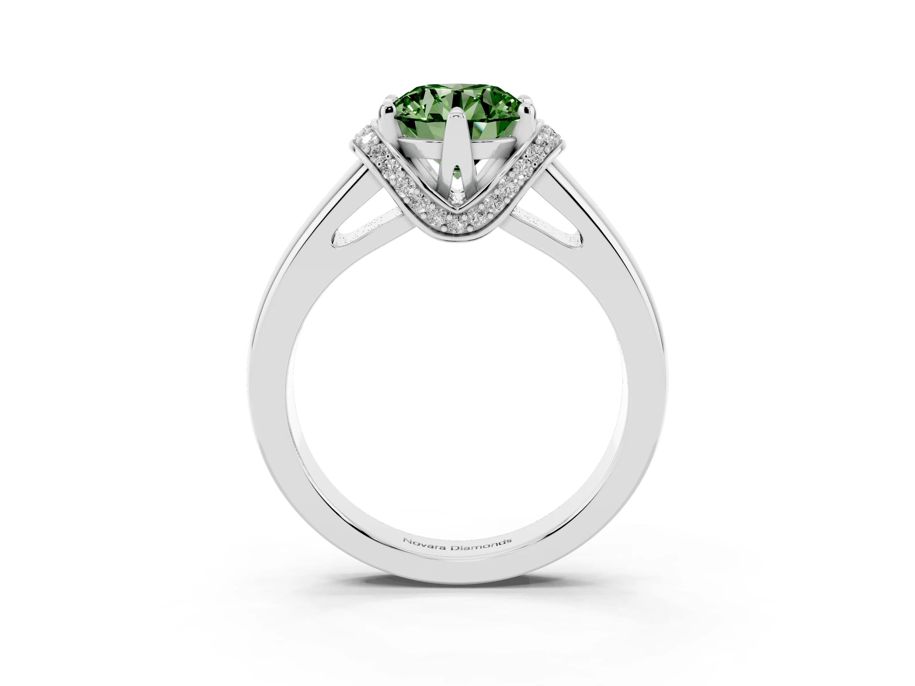 Fancy Green Round Cut Diamond Pavé Band Solitaire Ring Set in Silver with Prong Setting