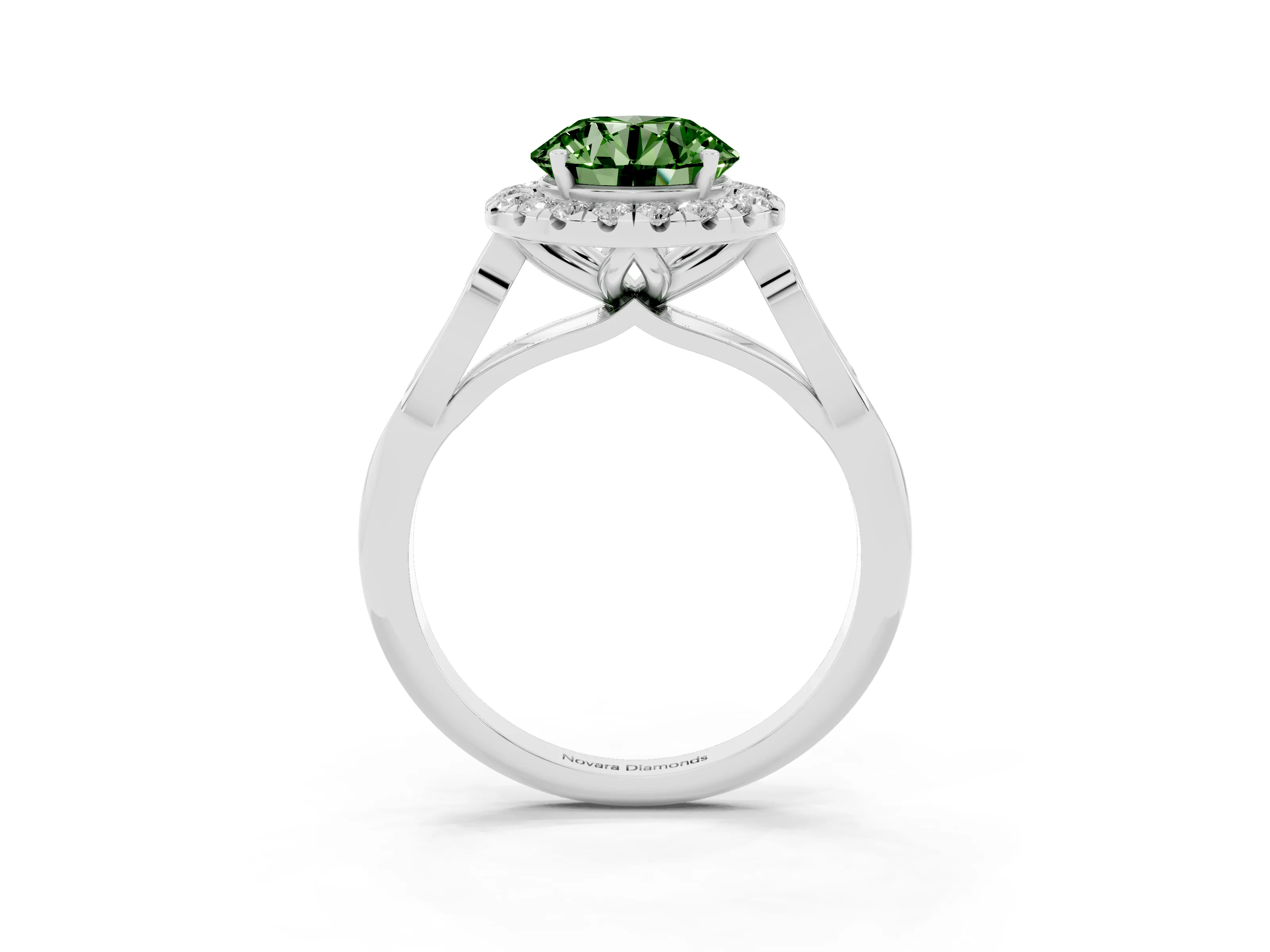 Fancy Green Round Cut Diamond Halo Engagement Ring Set in Silver with Filigree Band and Prong-Set Center