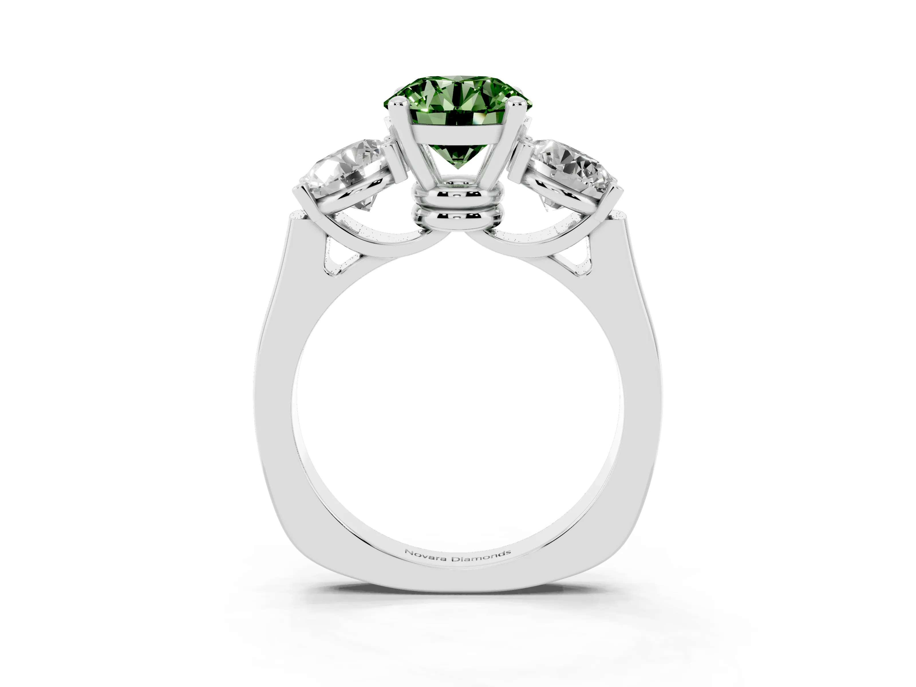 Fancy Green Round Cut Diamond Three-Stone Trellis Ring Set in Platinum with Comfort Fit Band