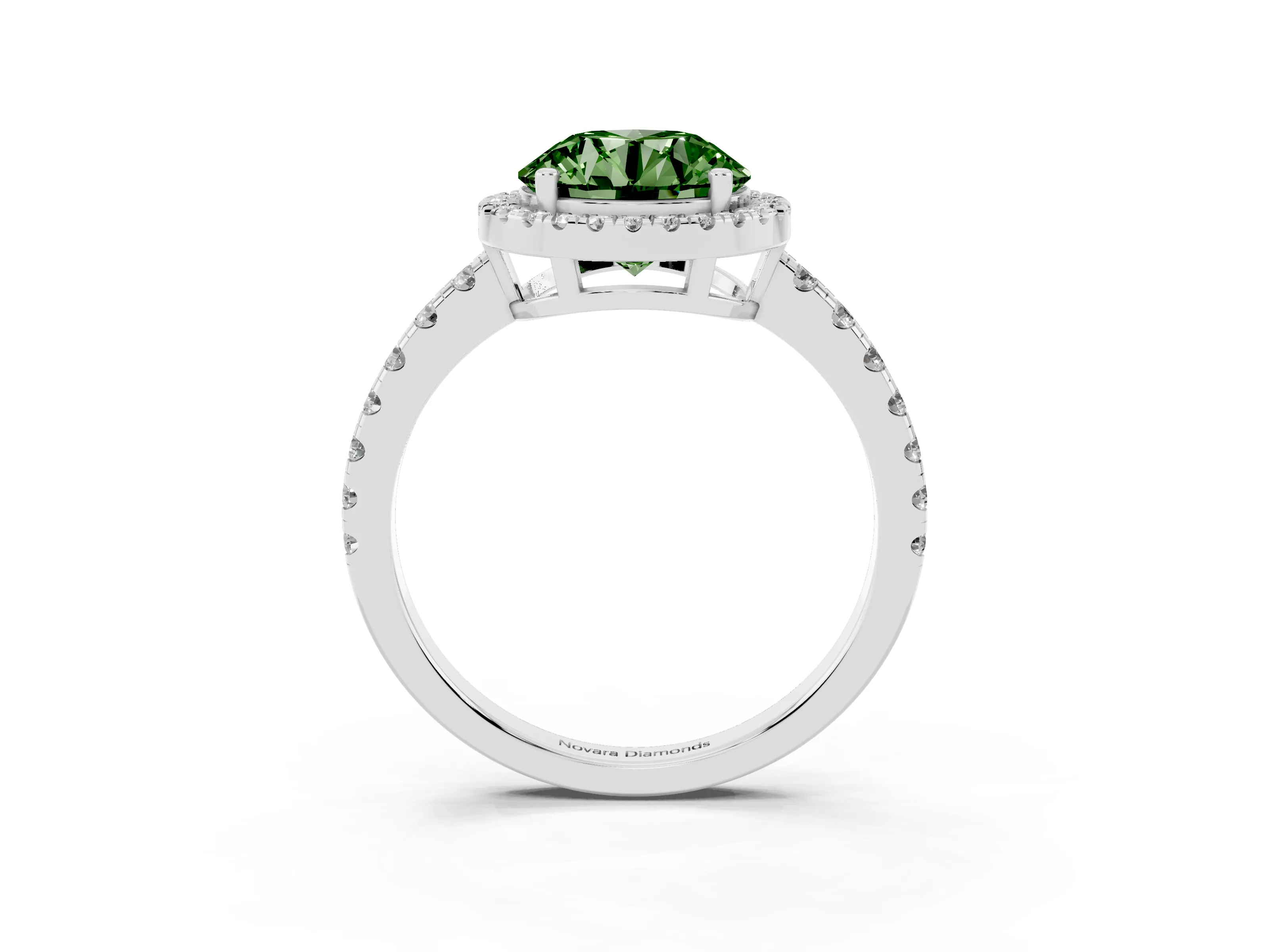 Fancy Green Round Cut Diamond Halo Ring Set in Silver with Delicate Pavé Band and Prong Setting