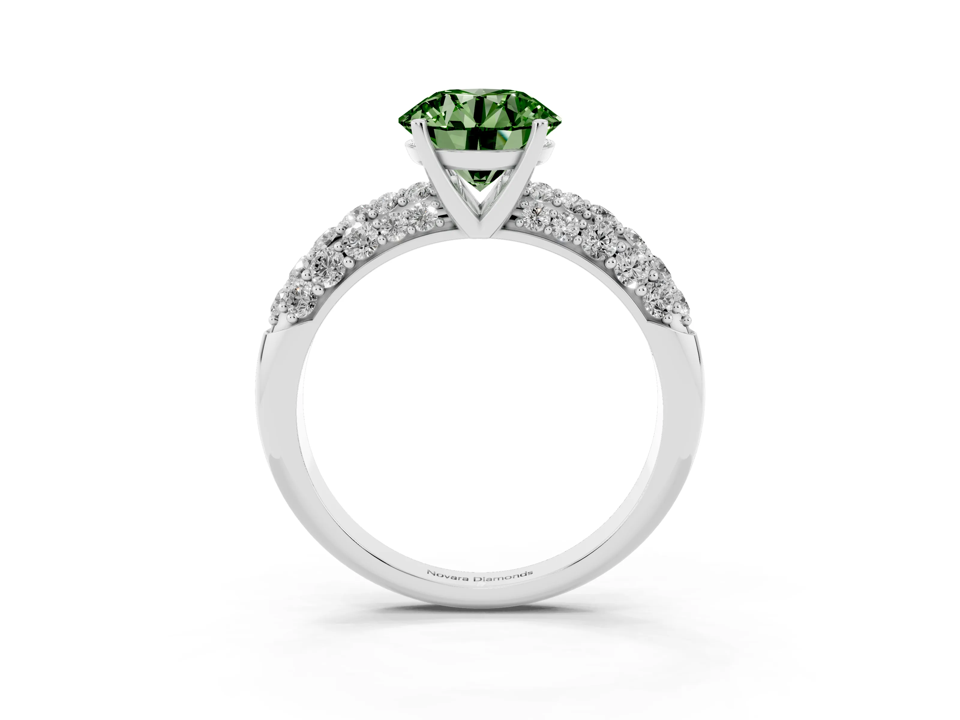 Fancy Green Round Cut Diamond Pavé Band Solitaire Ring Set in White gold with Close-Set Accent Stones and Prong Setting