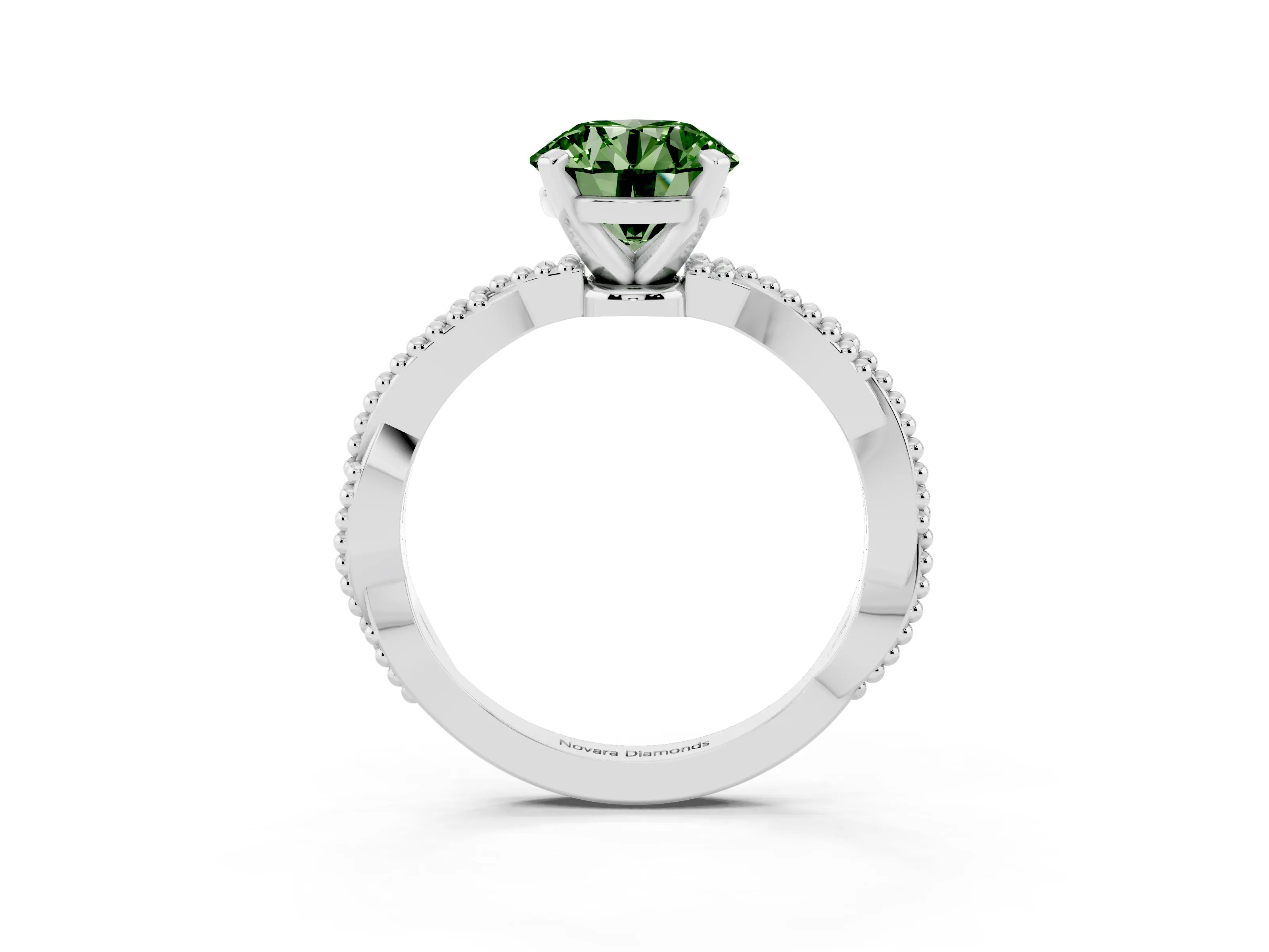 Fancy Green Round Cut Diamond Solitaire Ring Set in White gold with Twisted Band and Bead Prong Setting