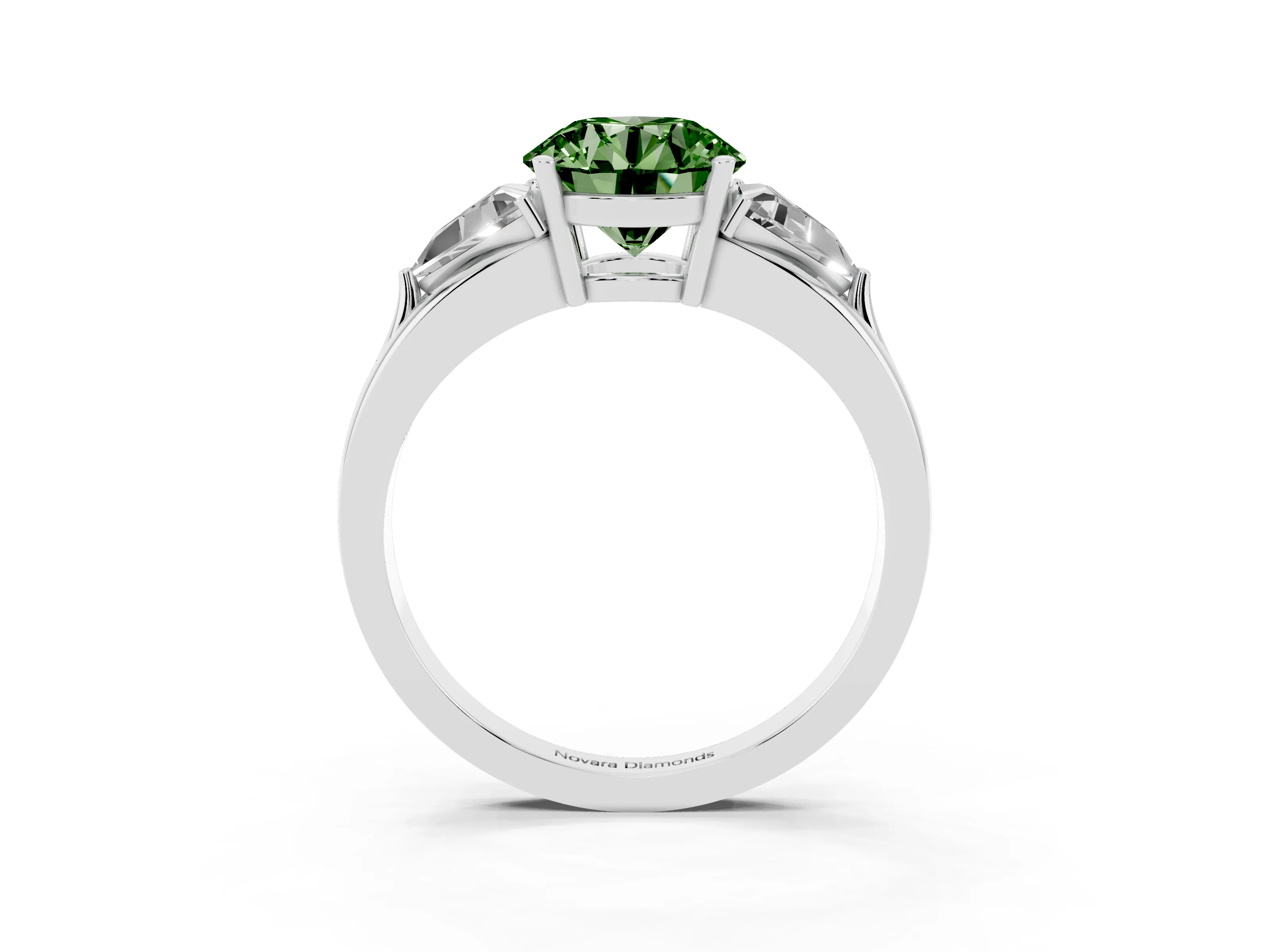 Fancy Green Round Cut Diamond Three-Stone Ring Set in Silver with Trillion Side Stones and Split Shank