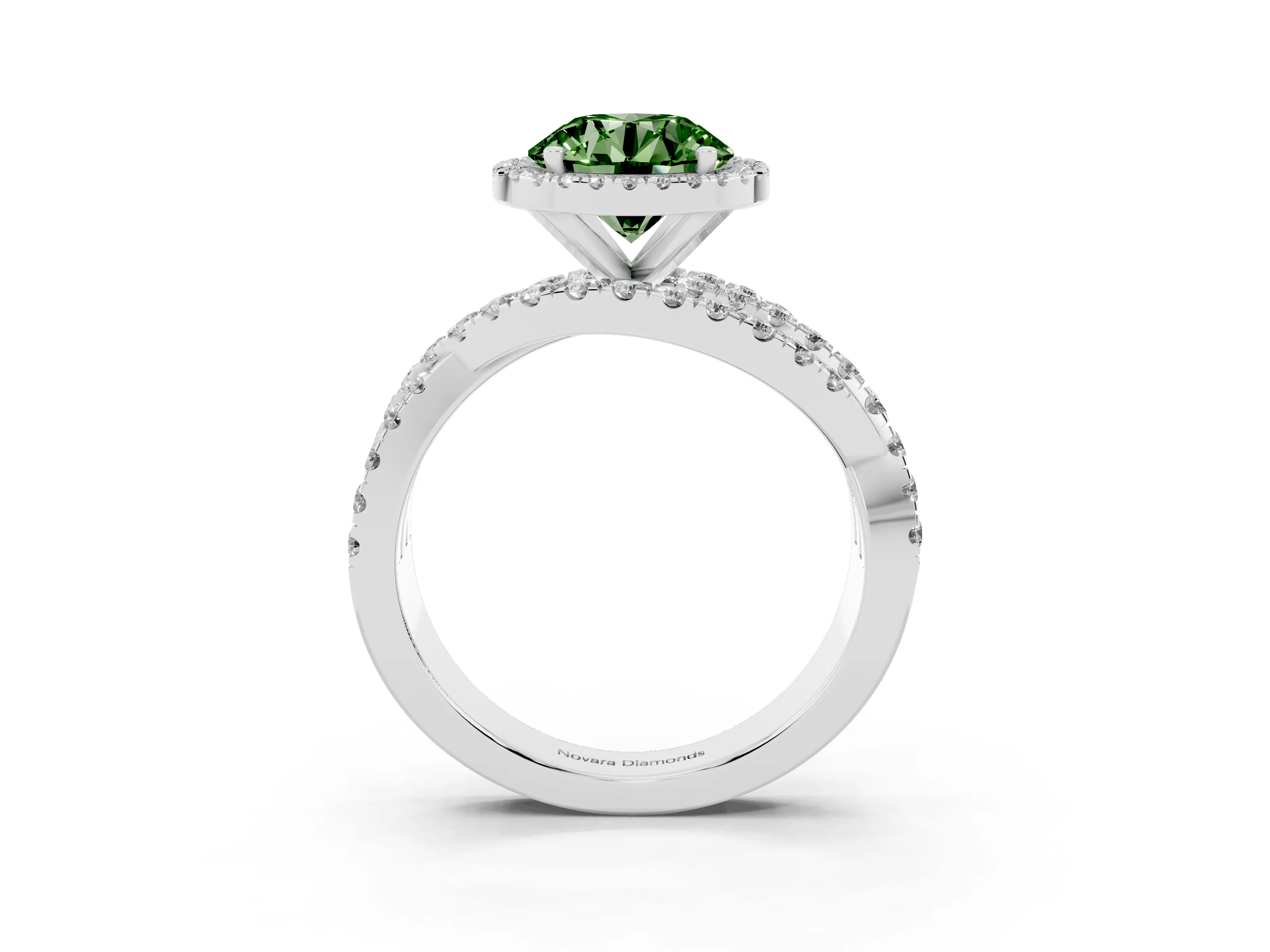Fancy Green Round Cut Diamond Halo Ring Set in Platinum with Round Crossover Split Shank and Prong Setting