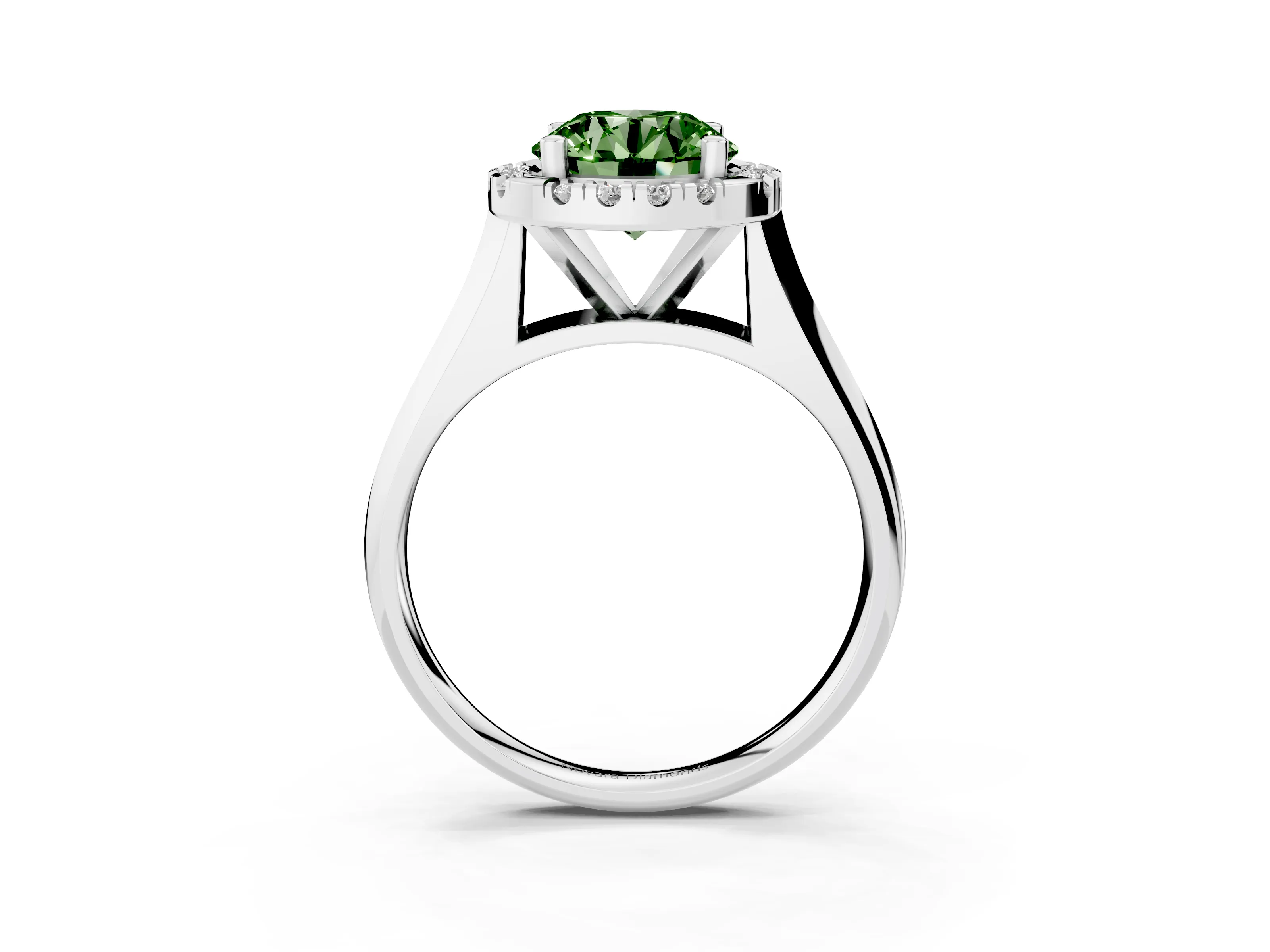 Fancy Green Round Cut Diamond Halo Solitaire Engagement Ring Set in Silver with Square Band and Prong Setting