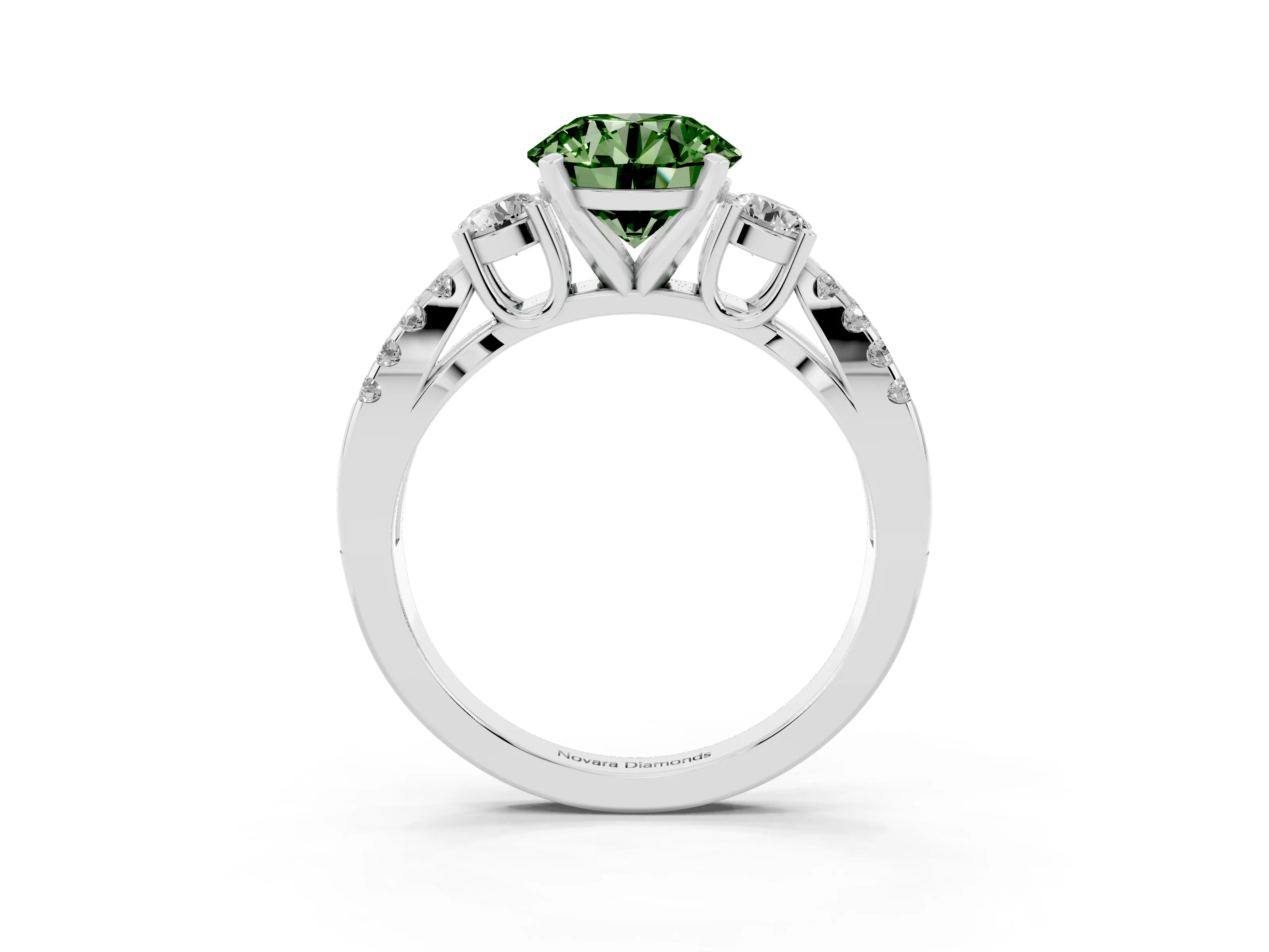 Fancy Green Round Cut Diamond Three-Stone Ring Set in Platinum with Pavé Split Shank and Prong Setting
