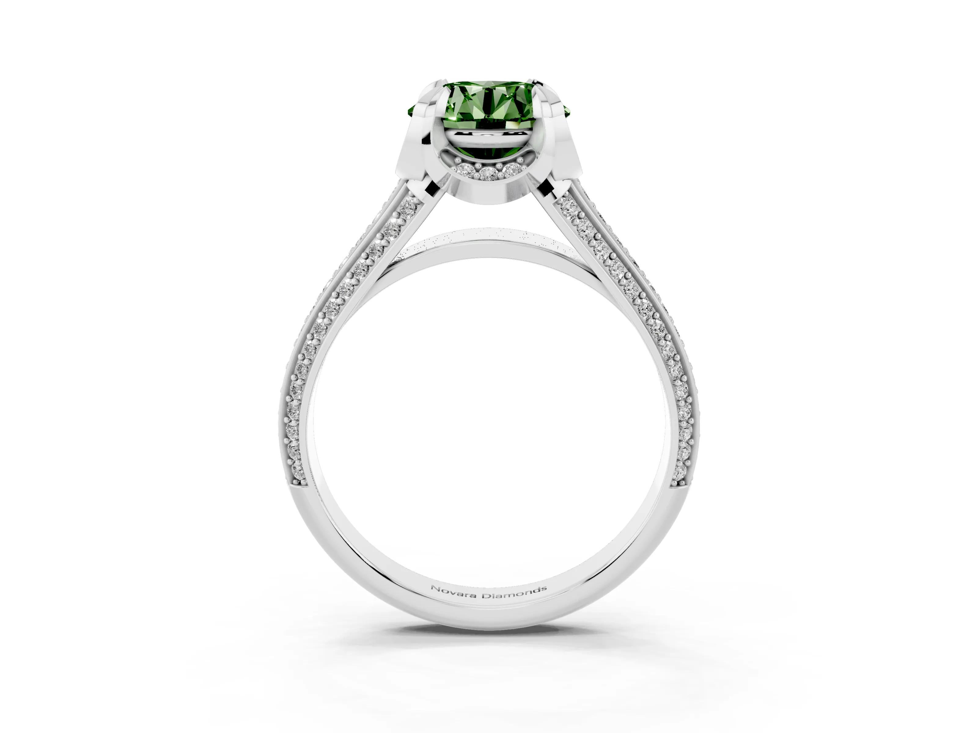 Fancy Green Round Cut Diamond Pavé Split Shank Solitaire Ring Set in Platinum with Prong Setting