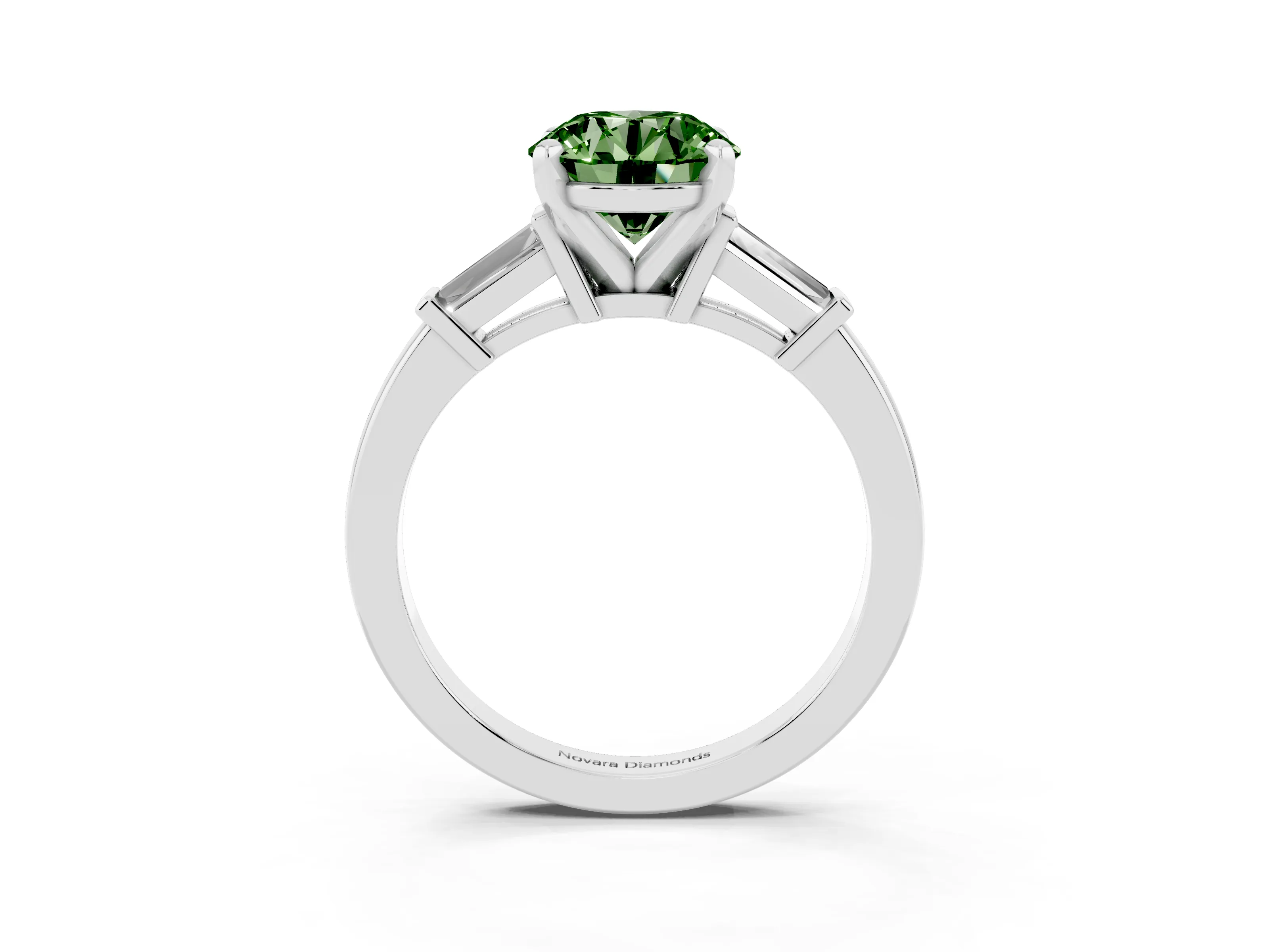 Fancy Green Round Cut Diamond Solitaire Ring Set in Platinum with Tapered Baguette Accents and Prong Setting