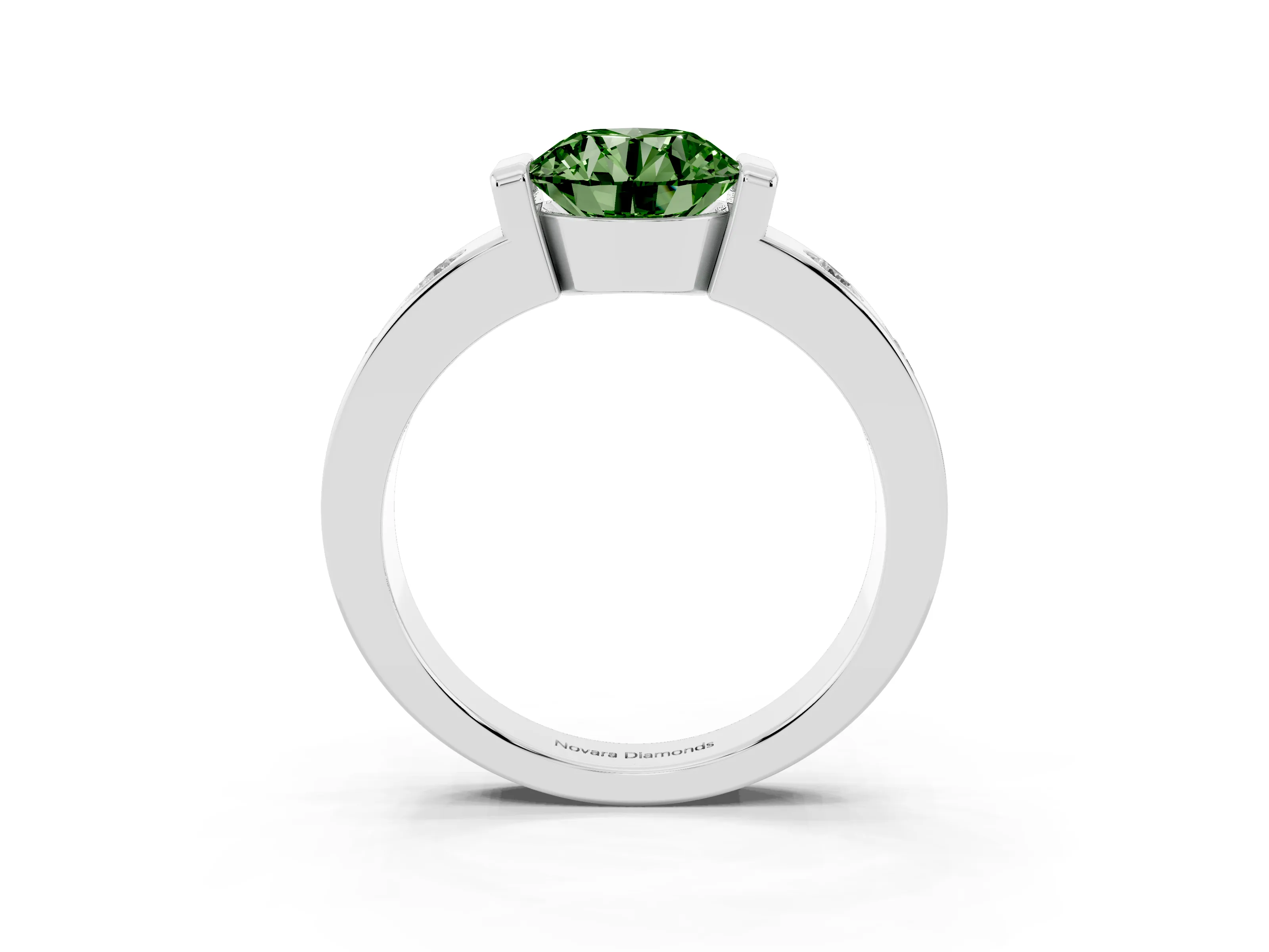 Fancy Green Round Cut Diamond Channel-Set Band Ring Set in Silver with Bezel Prong Setting