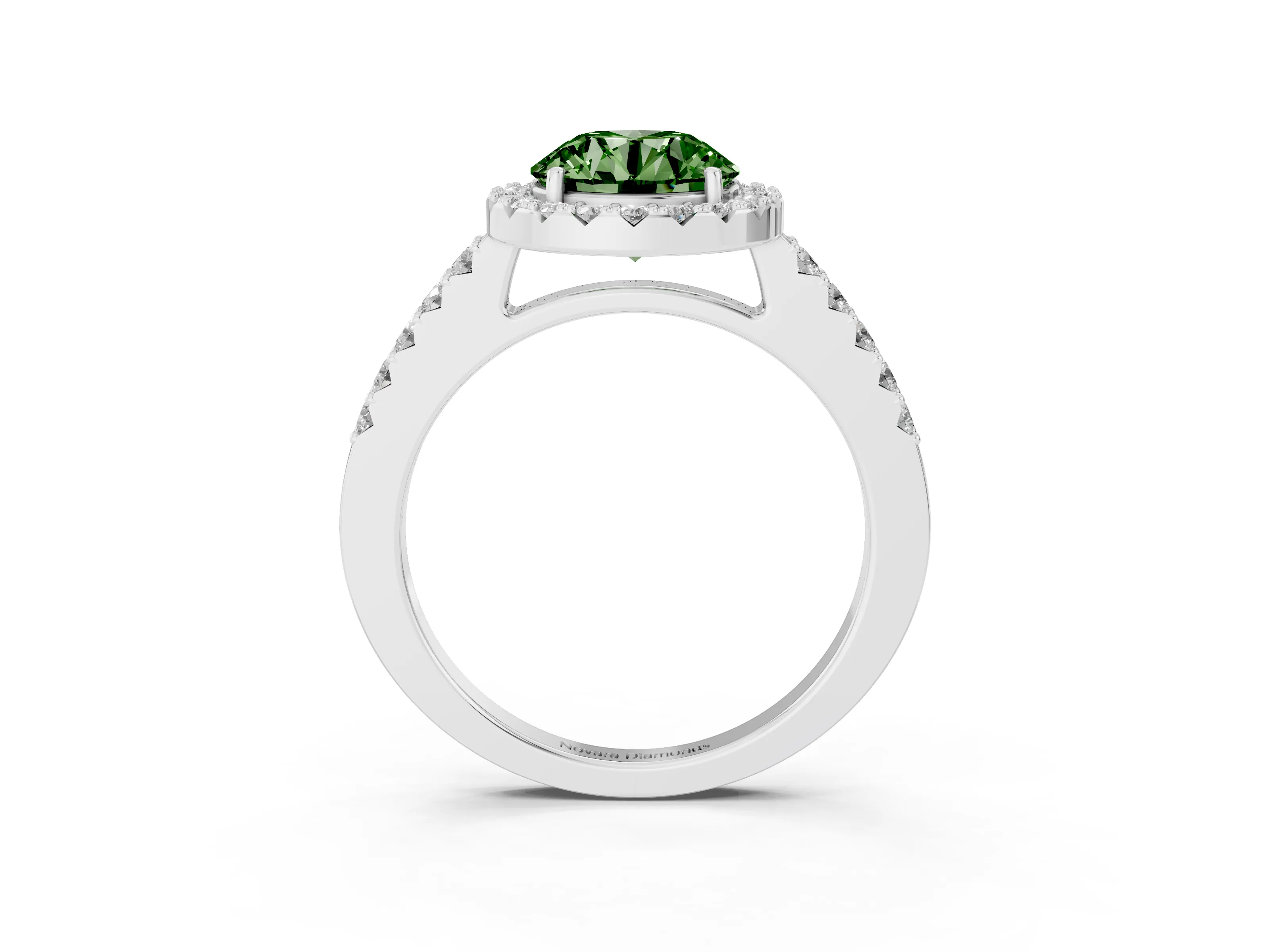 Fancy Green Round Cut Diamond Halo Pavé Solitaire Ring Set in Silver with Prong-Set Center Stone