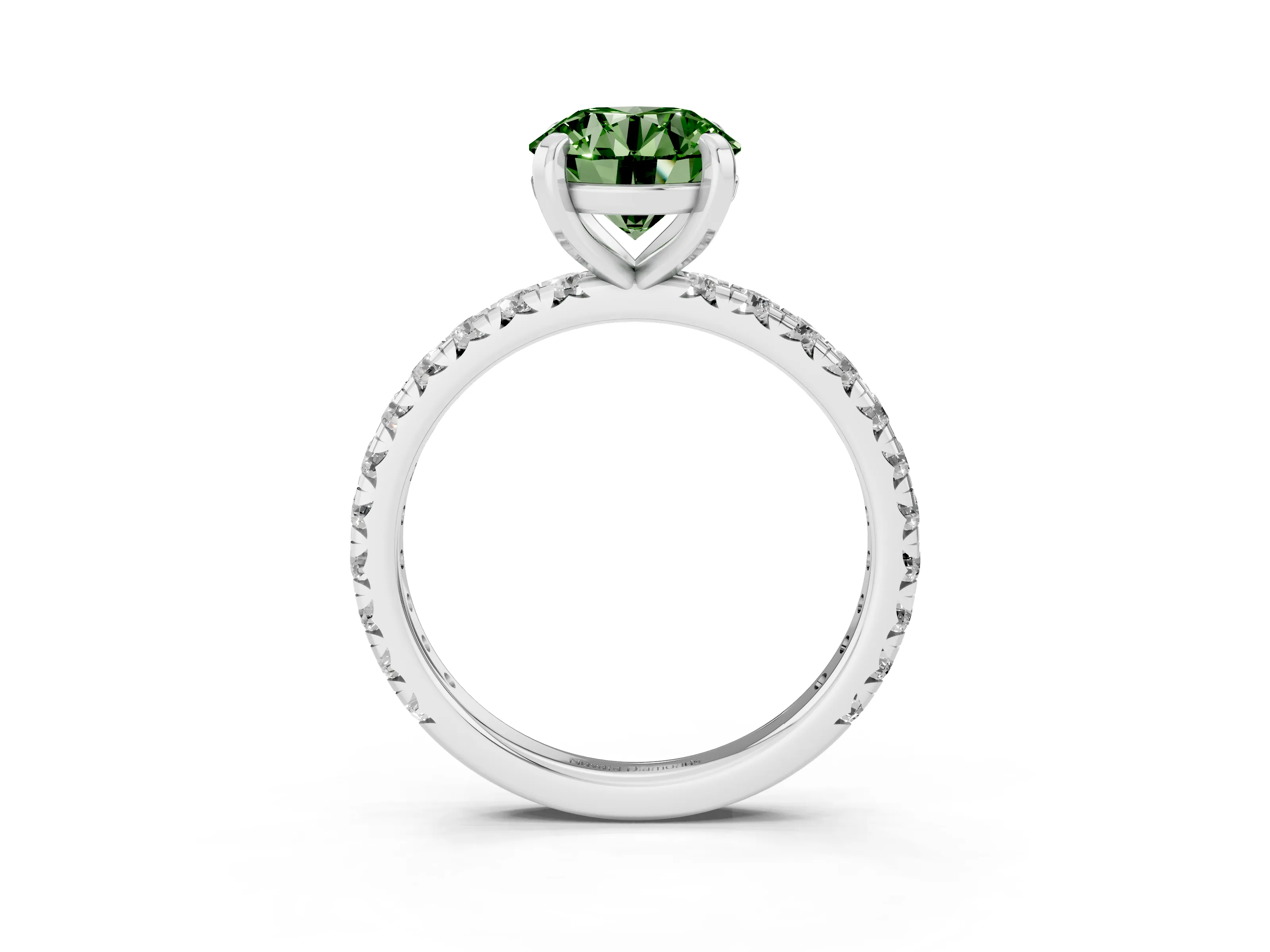 Fancy Green Round Cut Diamond Pavé Solitaire Ring Set in Silver with Round Band and Prong Setting