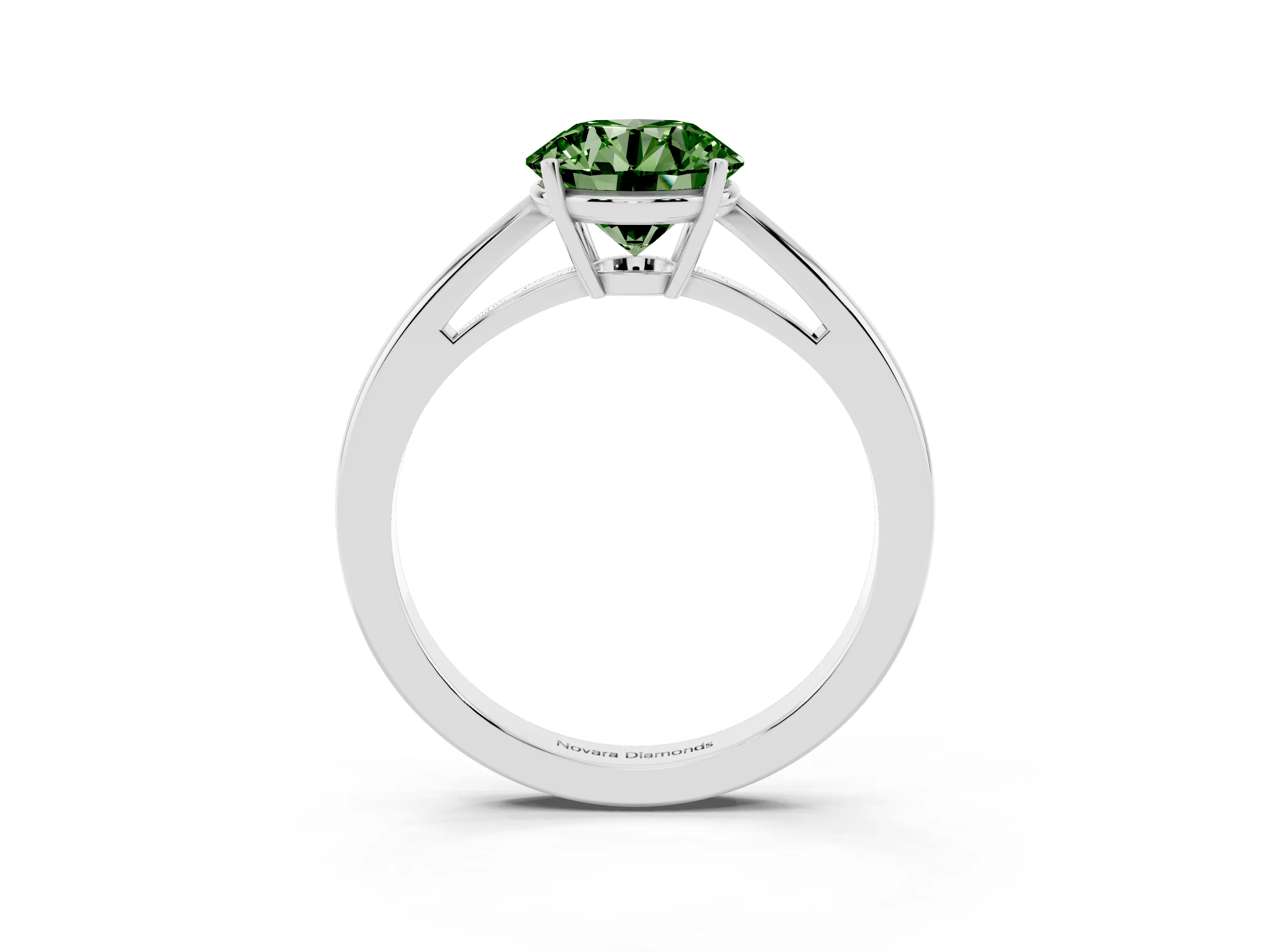 Fancy Green Round Cut Diamond Solitaire Ring Set in White gold with Split Shank and Prong Setting