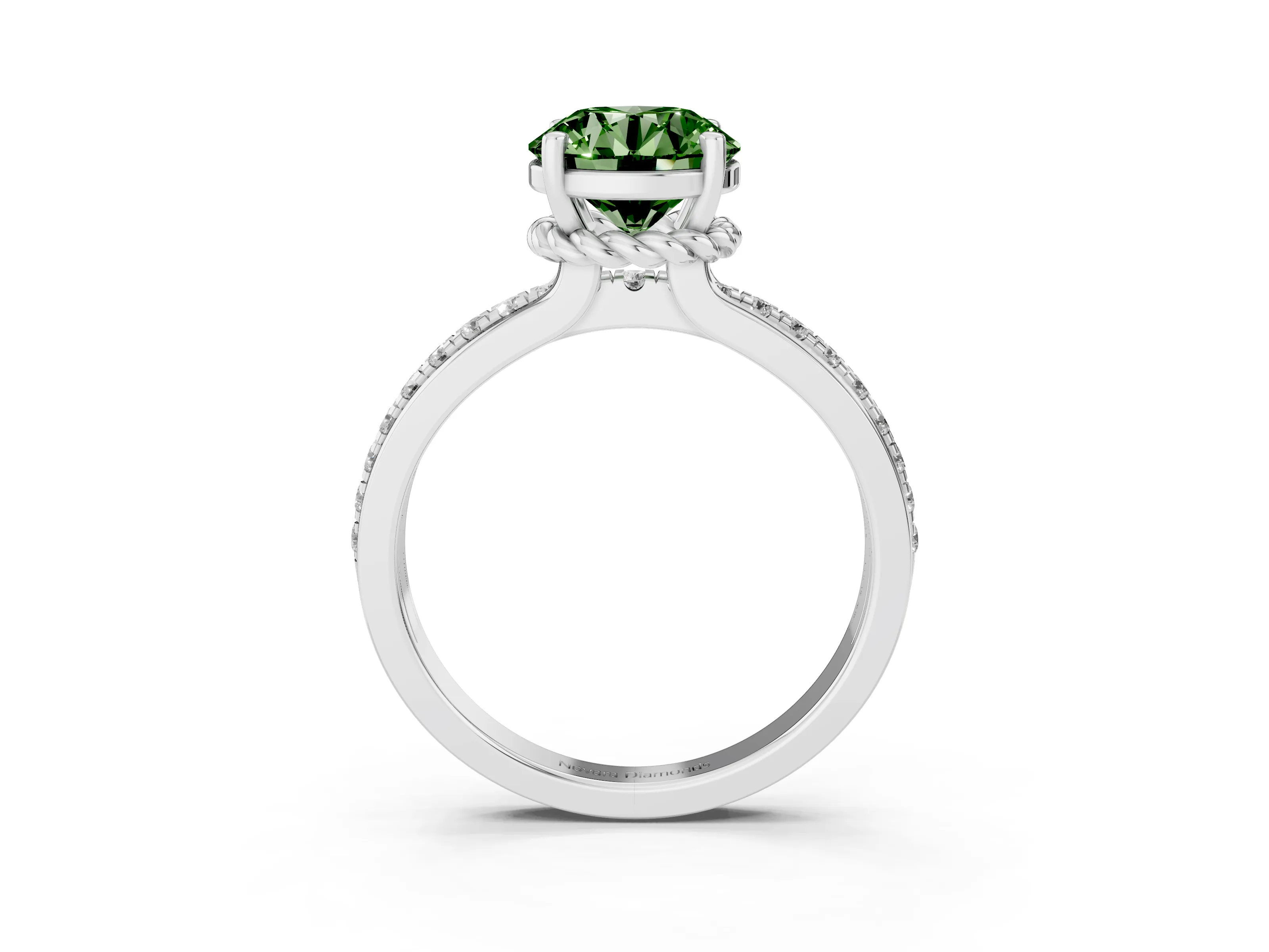 Fancy Green Round Cut Diamond Solitaire Ring Set in Silver with Channel Set Band and Prong Setting