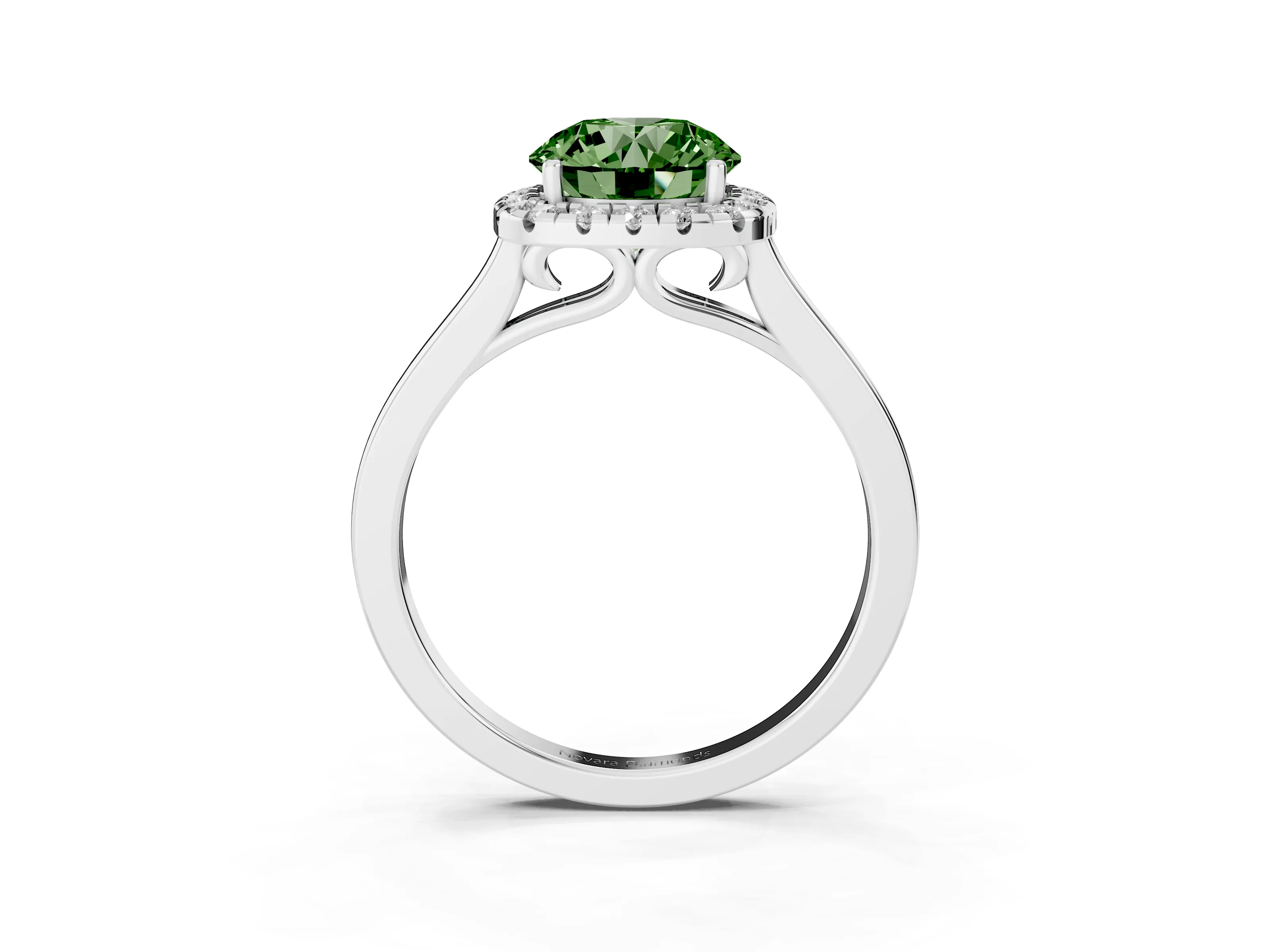 Fancy Green Round Cut Halo Round Diamond Solitaire Ring Set in Silver with Pavé Band and Prong Setting