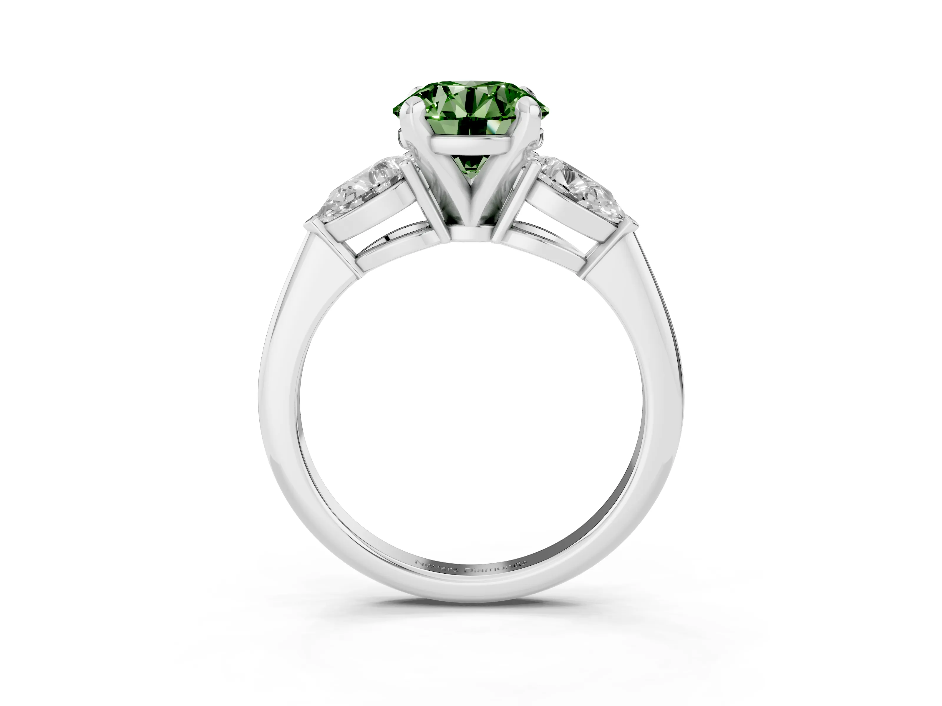 Fancy Green Three-Stone Round Cut Diamond Ring Set in Silver with Pear Side Stones and Prong Setting