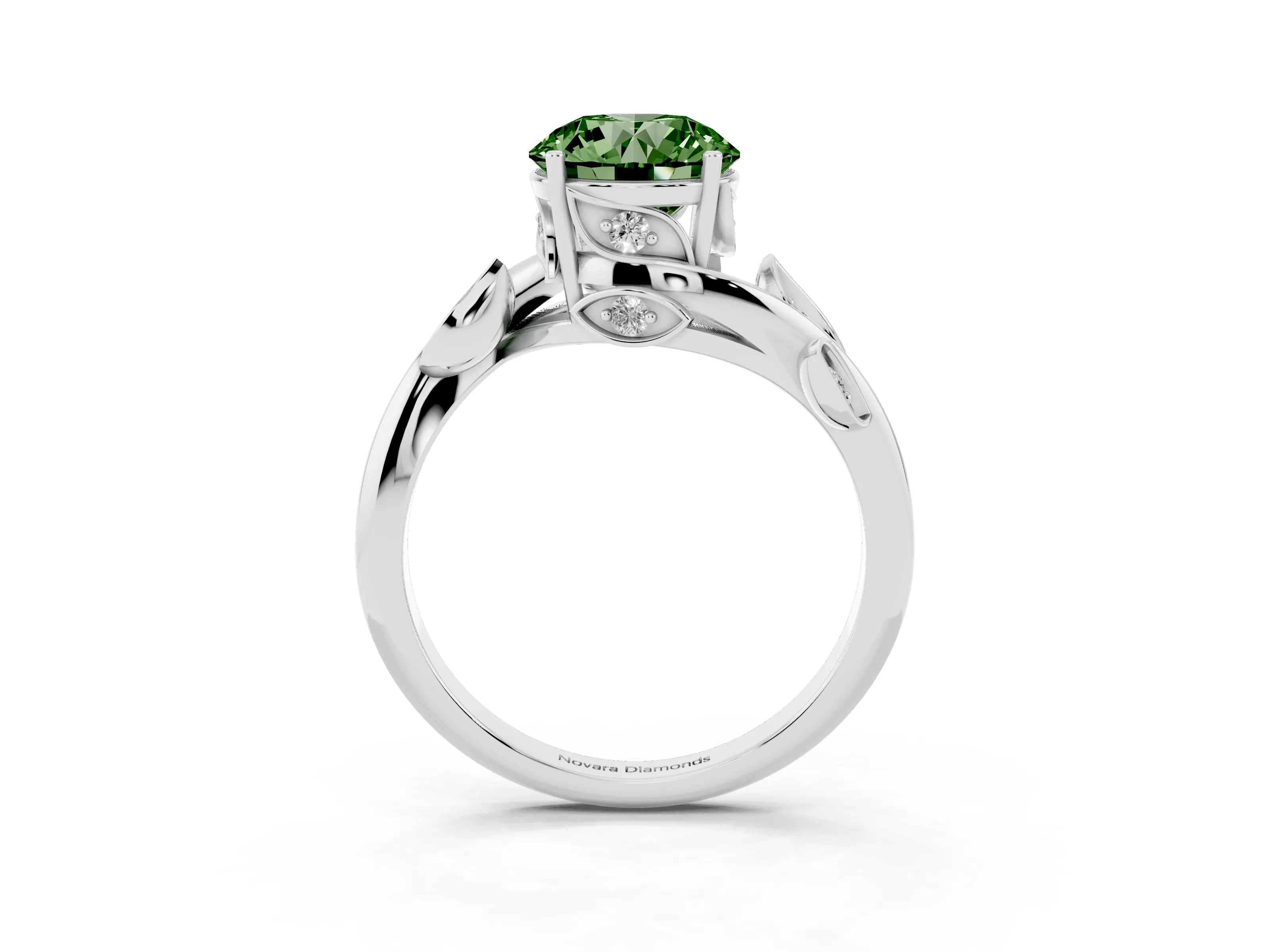 Fancy Green Round Cut Diamond Solitaire Twist Engagement Ring Set in Silver with Pavé Leaf Accents
