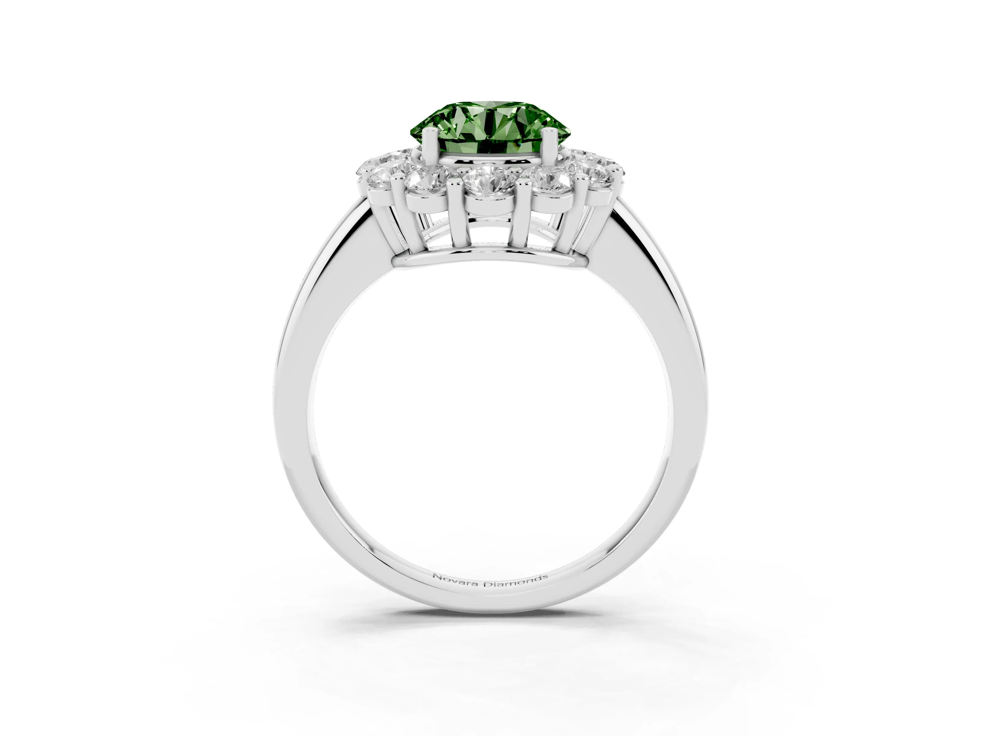 Fancy Green Round Cut Diamond Halo Cluster Engagement Ring Set in White gold with Polished Band and Prong Setting