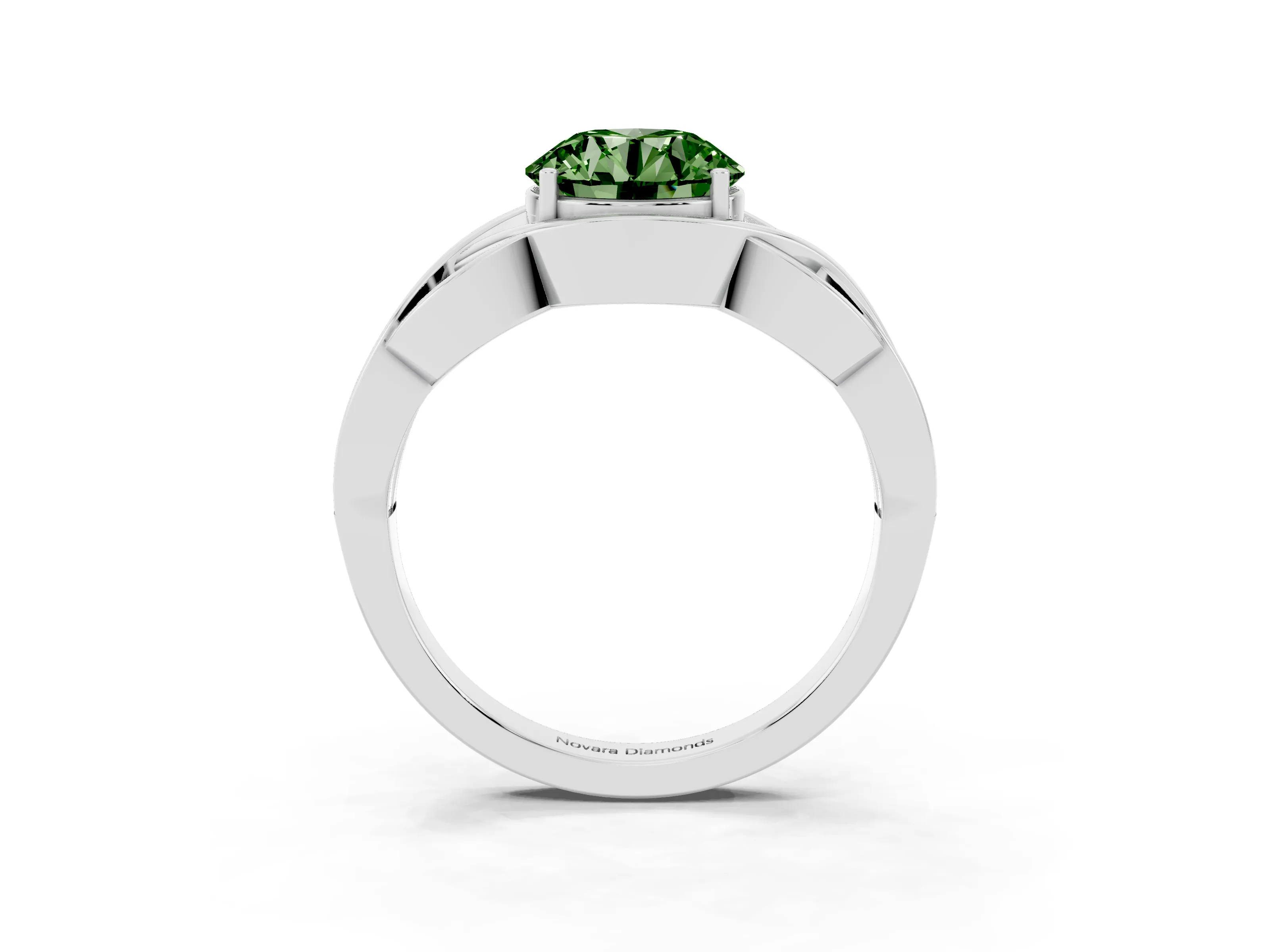 Fancy Green Round Cut Diamond Solitaire Ring Set in White gold with Intertwined Band