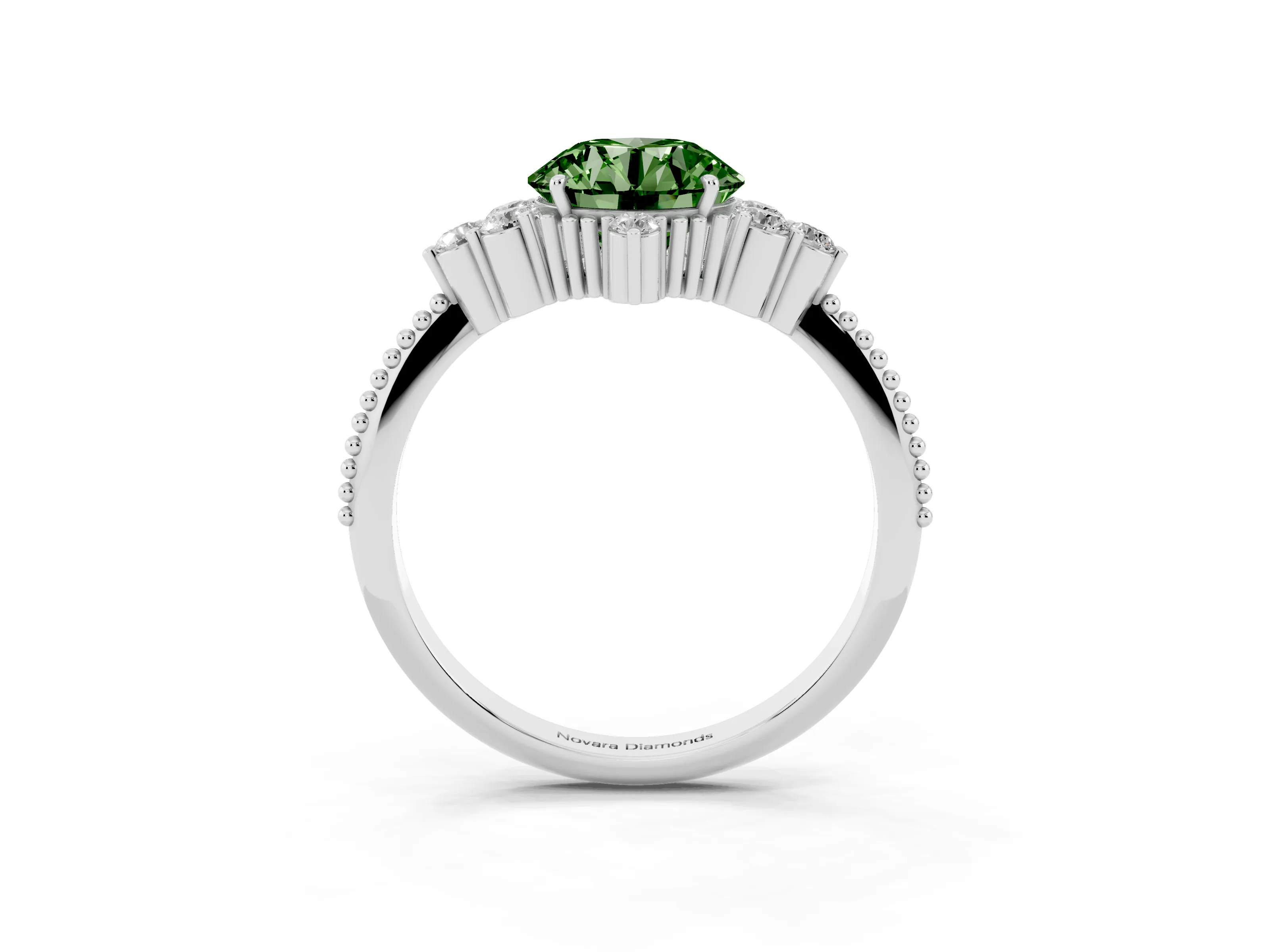 Fancy Green Round Cut Diamond Cluster Ring Set in Silver with Beaded Band