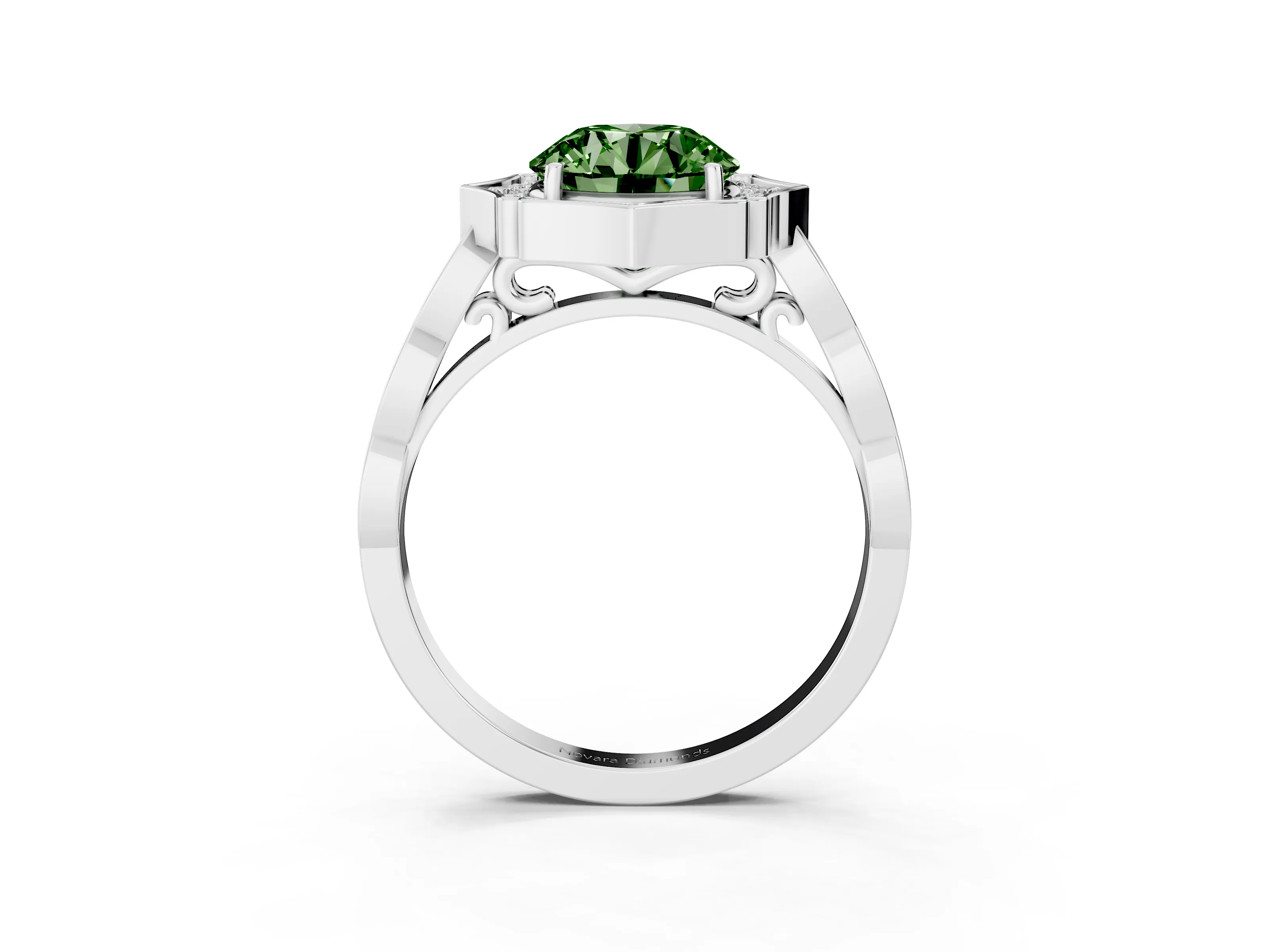 Fancy Green Round Cut Diamond Halo Engagement Ring Set in Silver with Milgrain Band and Prong Setting