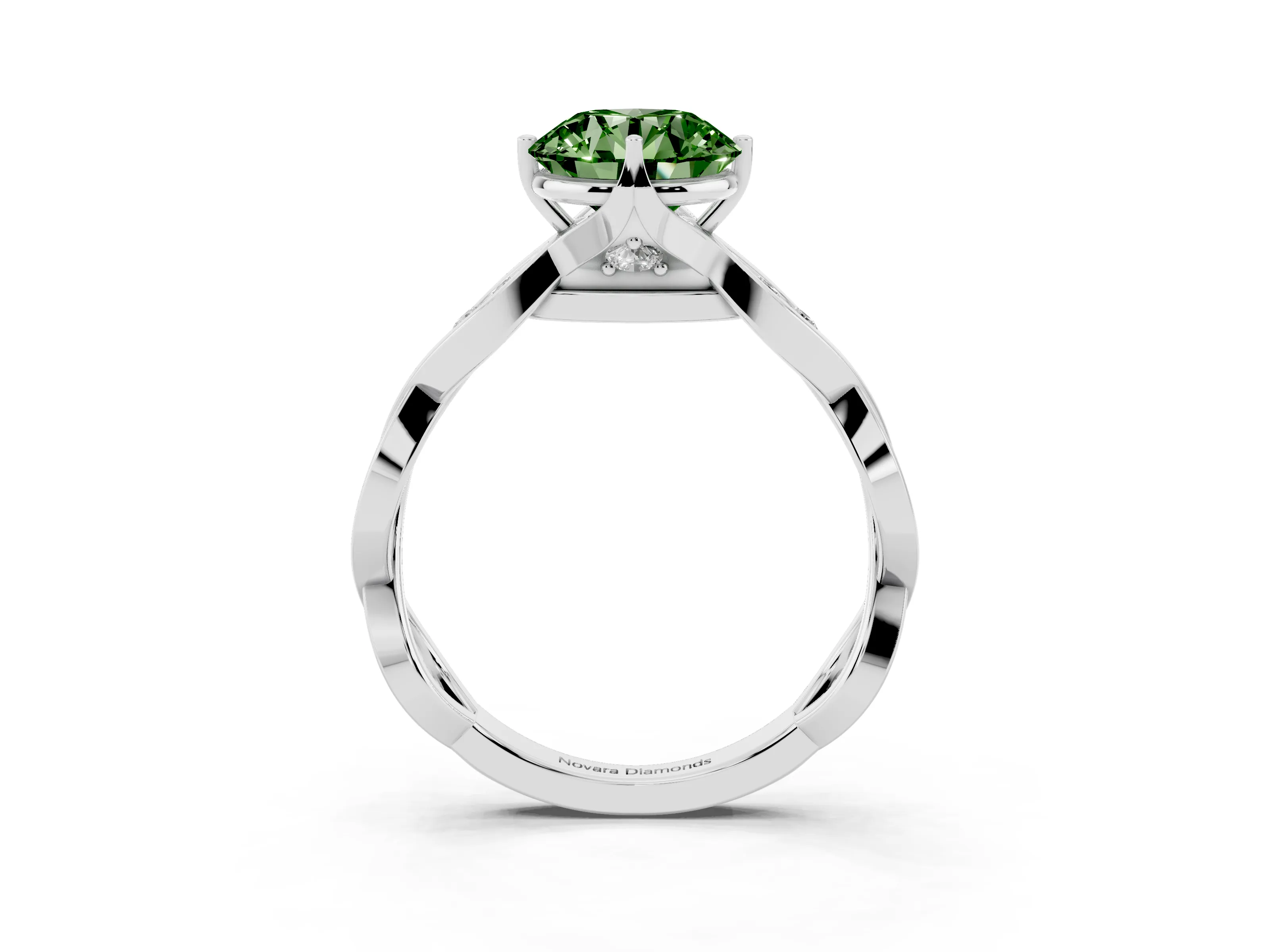 Fancy Green Round Cut Diamond Twist Band Solitaire Ring Set in Silver with Leaf Prong Setting and Accent Stones