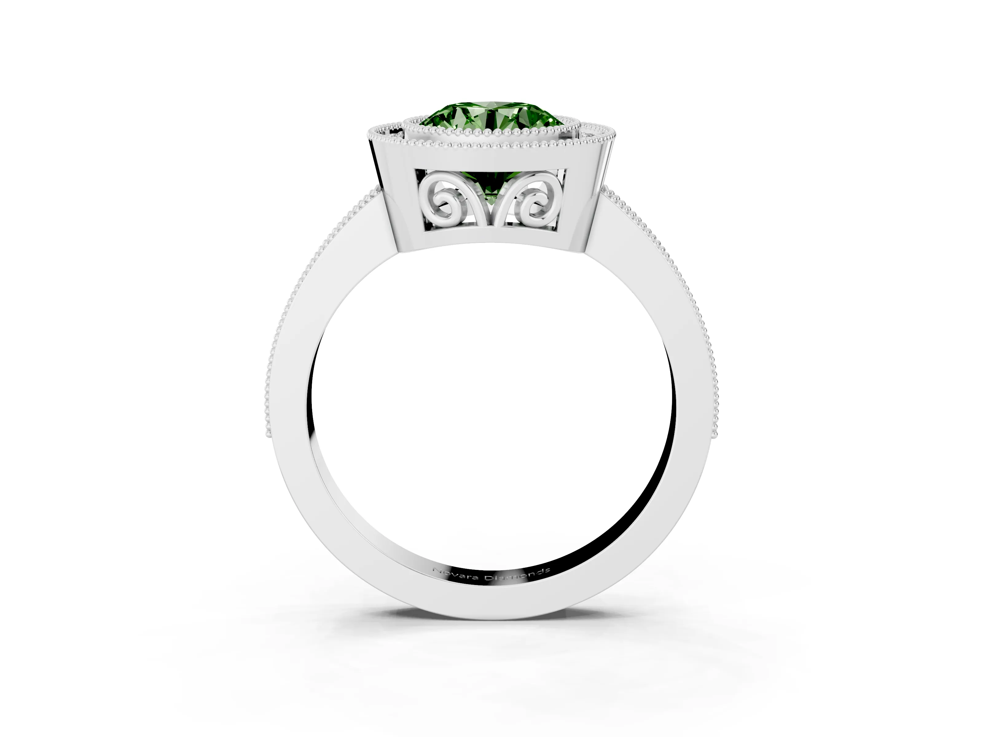 Fancy Green Round Cut Diamond Halo Ring Set in White gold with Pavé Band and Milgrain-Edged Prongs
