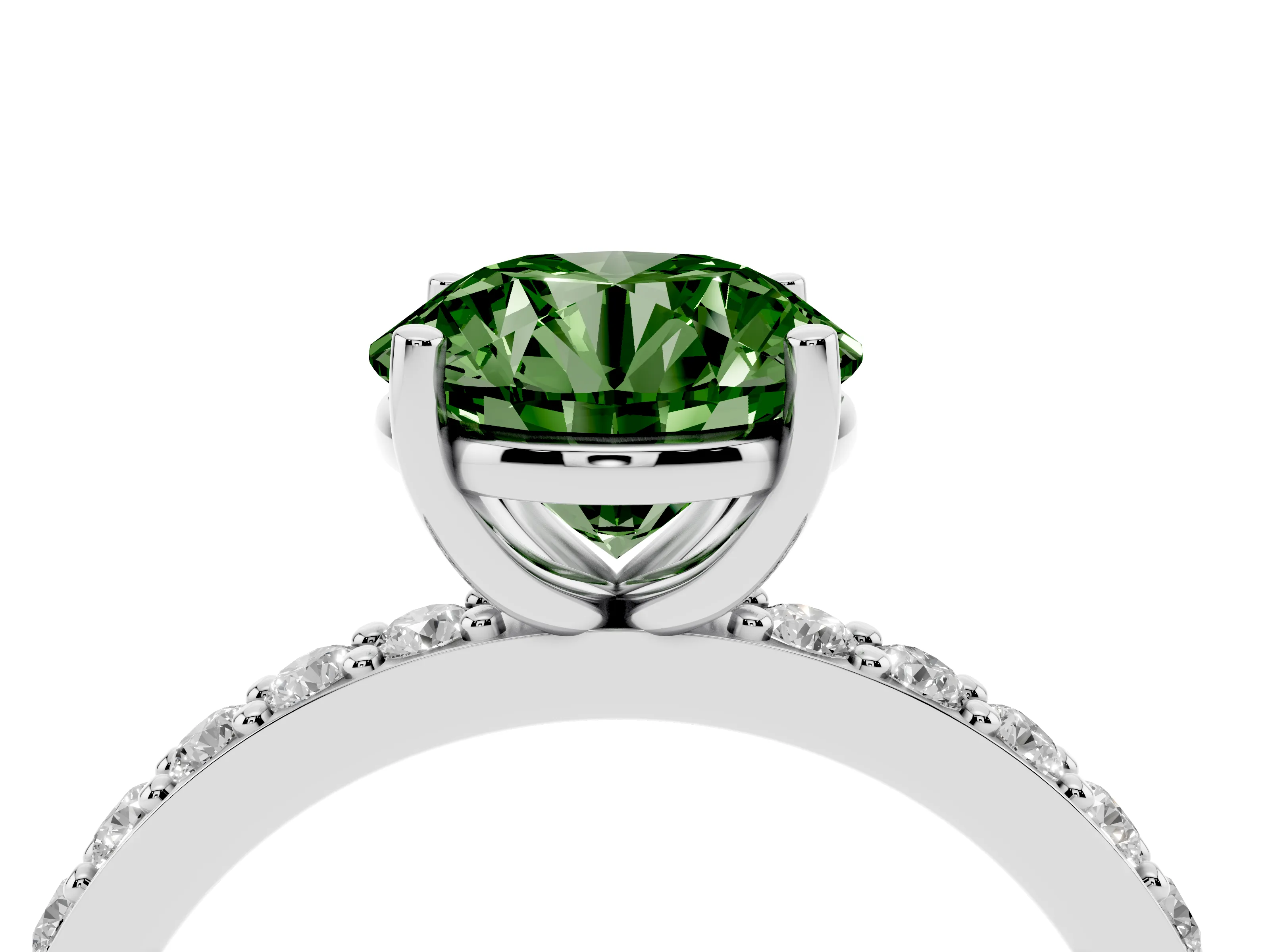Fancy Green Round Cut Diamond Solitaire Set in Platinum with Round Pavé Band and Prong Setting