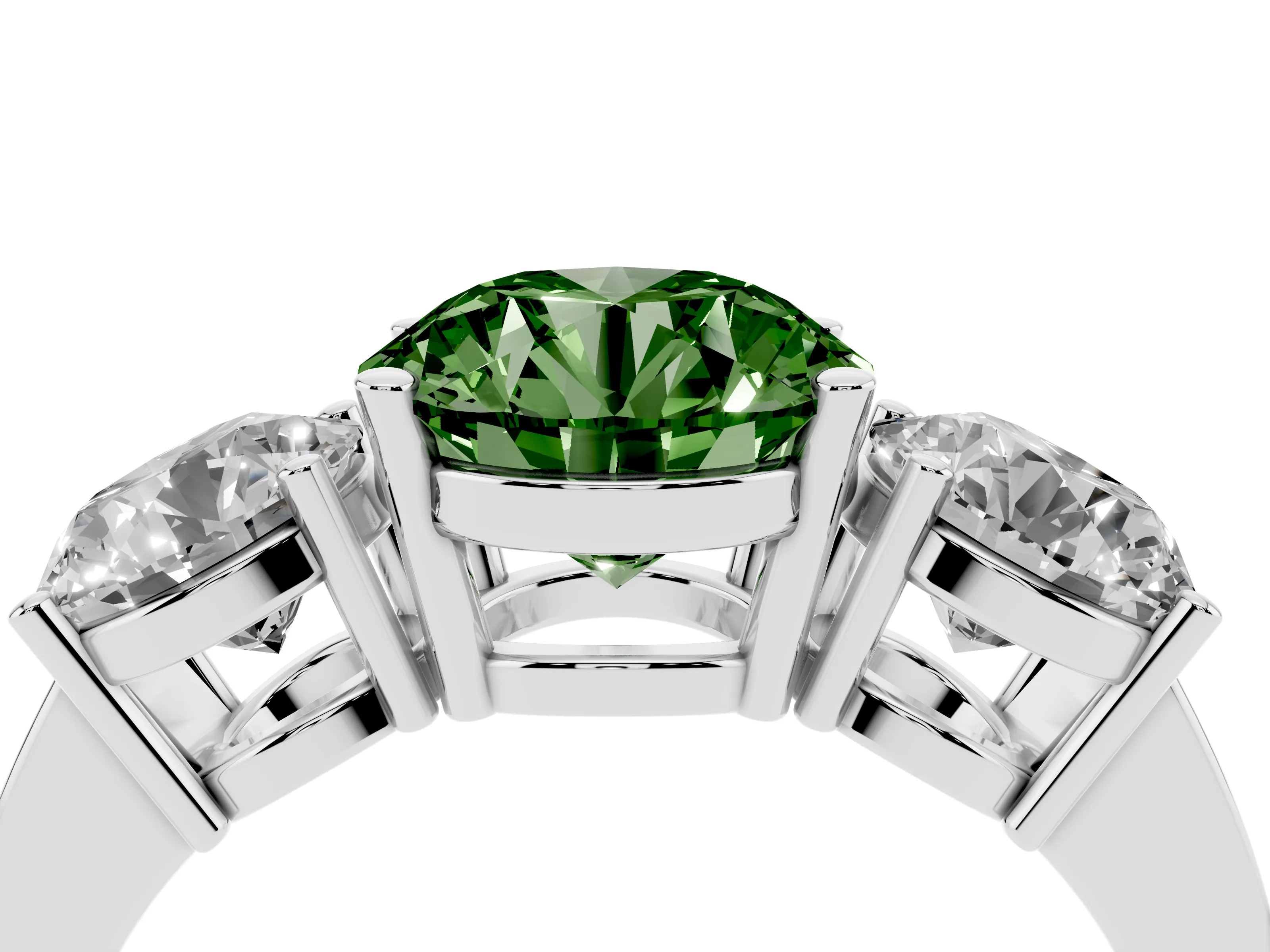 Fancy Green Round Cut Diamond Three-Stone Engagement Ring Set in Silver with Flat Band