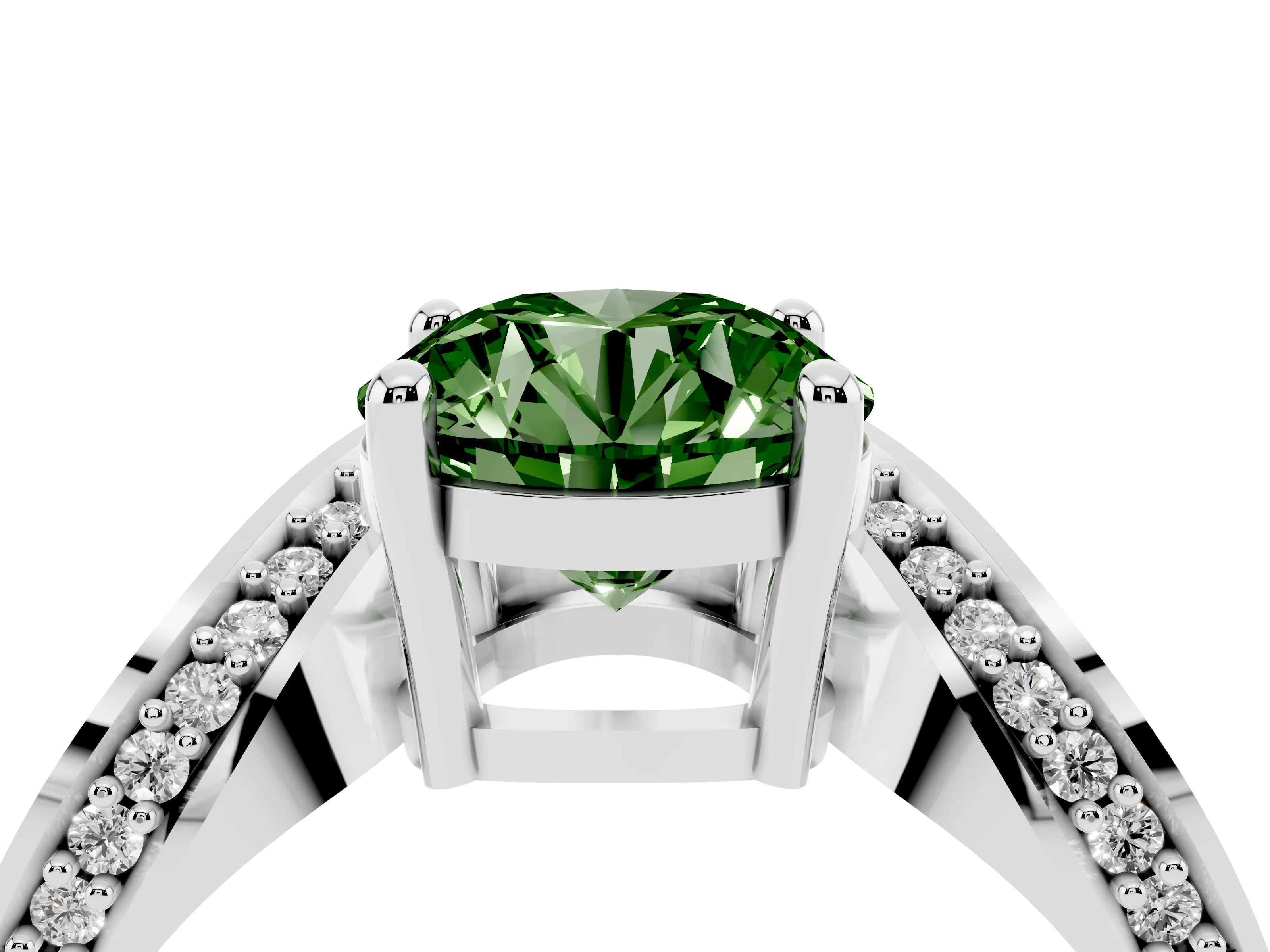 Fancy Green Round Cut Diamond Solitaire Engagement Ring Set in Platinum with Pavé Shoulders
