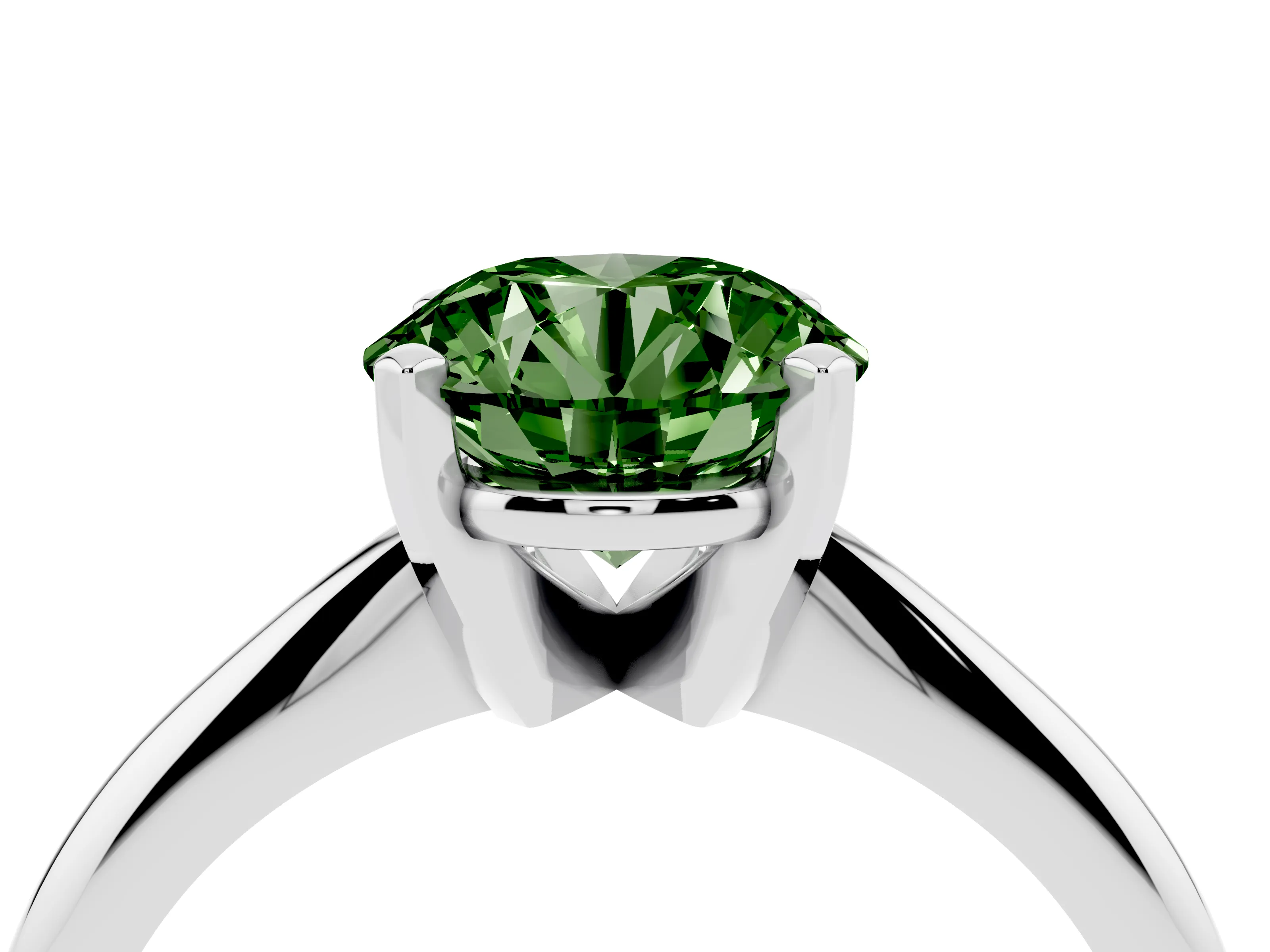 Fancy Green Round Cut Diamond Solitaire Ring Set in Platinum with Prong Setting on a Plain Round Band