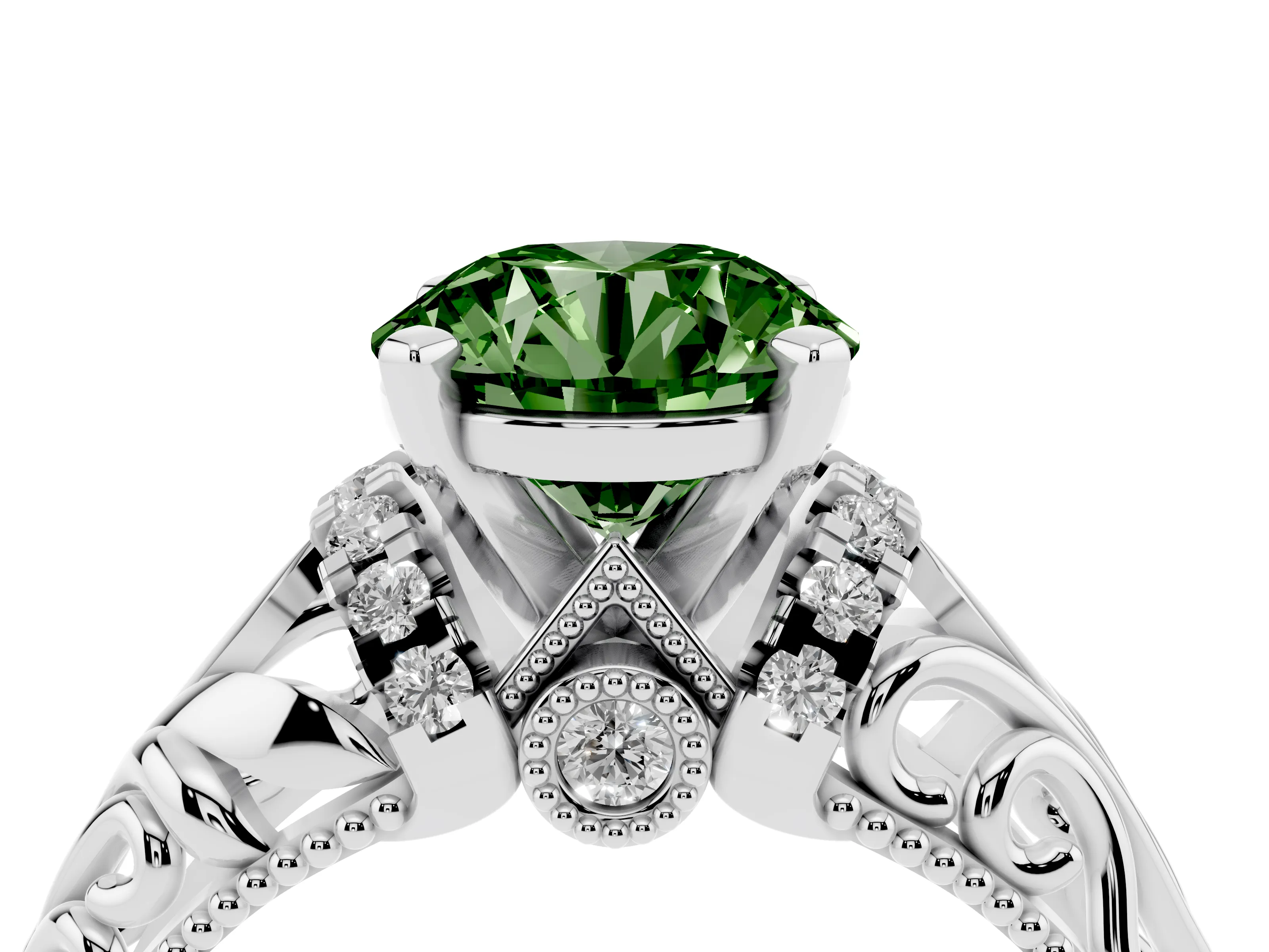 Fancy Green Round Cut Diamond Filigree Halo Engagement Ring Set in Silver with Prong Setting