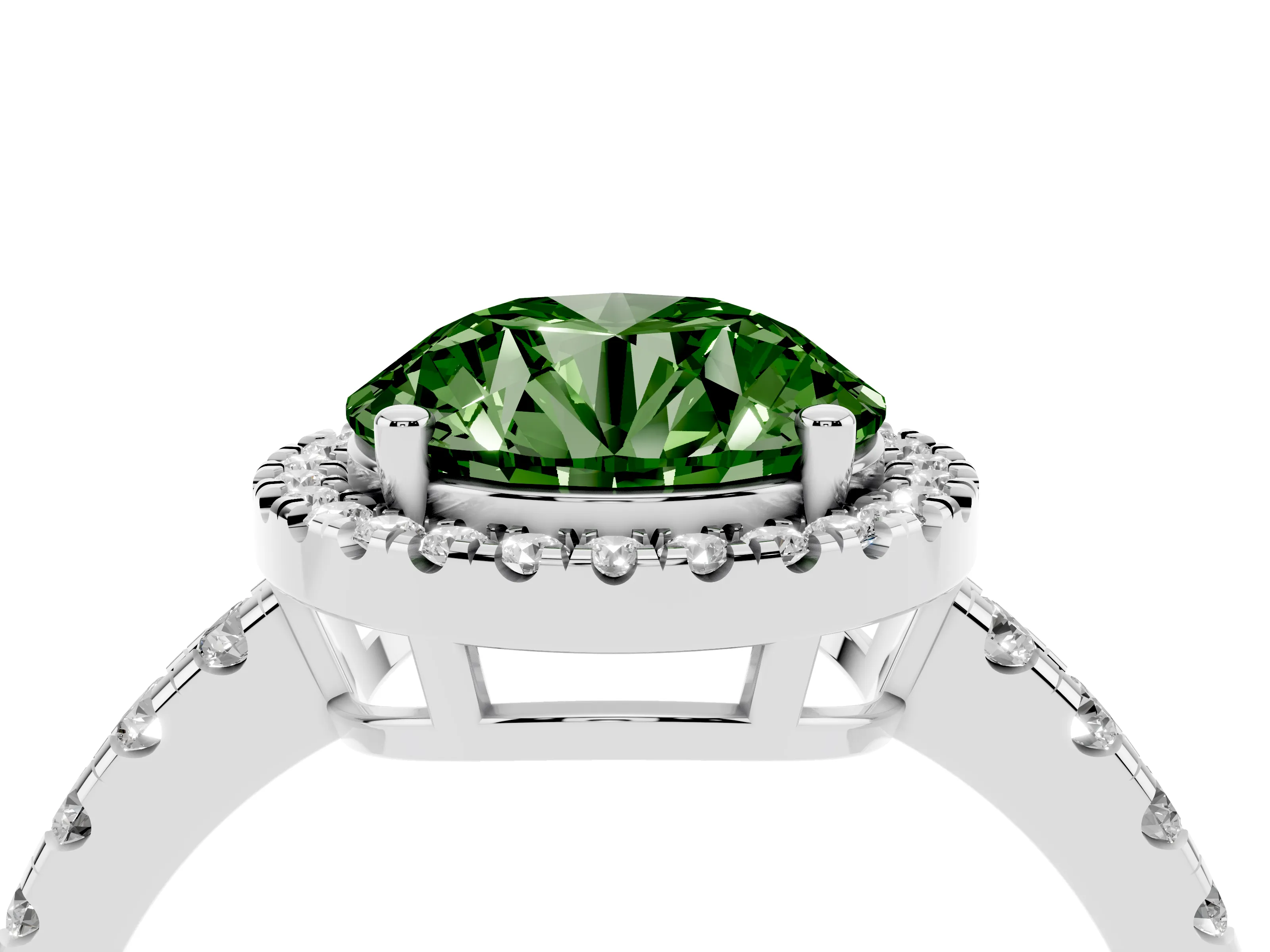 Fancy Green Round Cut Diamond Halo Ring Set in Silver with Delicate Pavé Band and Prong Setting