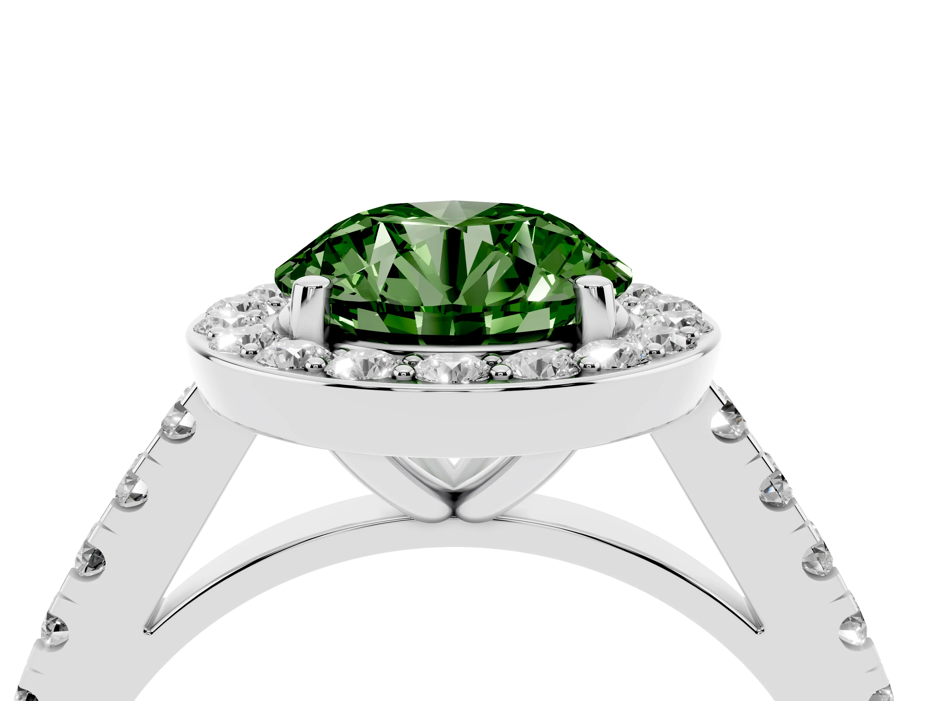 Fancy Green Round Cut Diamond Halo Ring Set in White gold with Round Pavé Split Shank and Prong Setting