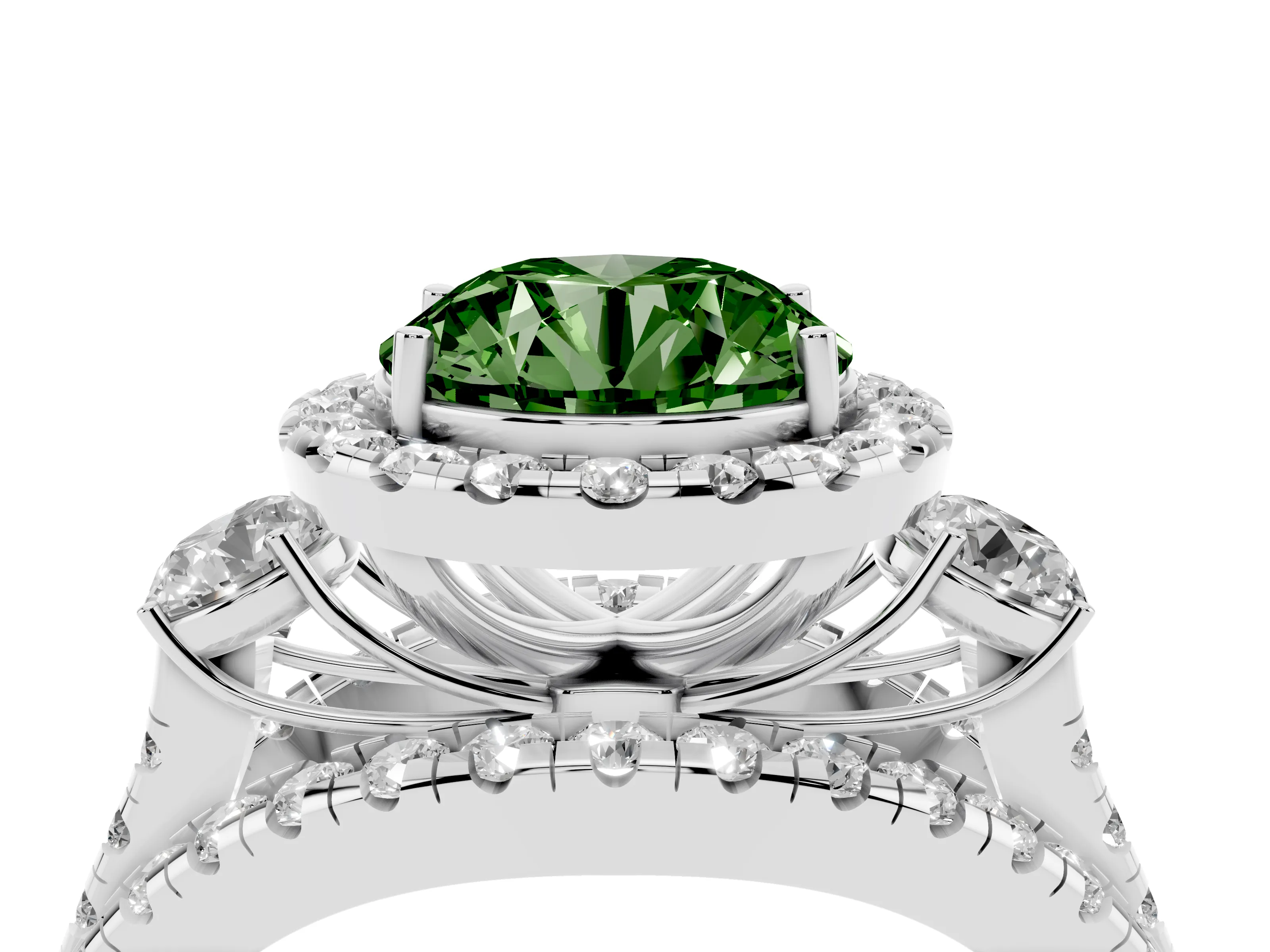 Fancy Green Round Cut Diamond Halo Split Shank Ring Set in Silver with Round Accent Stones and Prong Setting