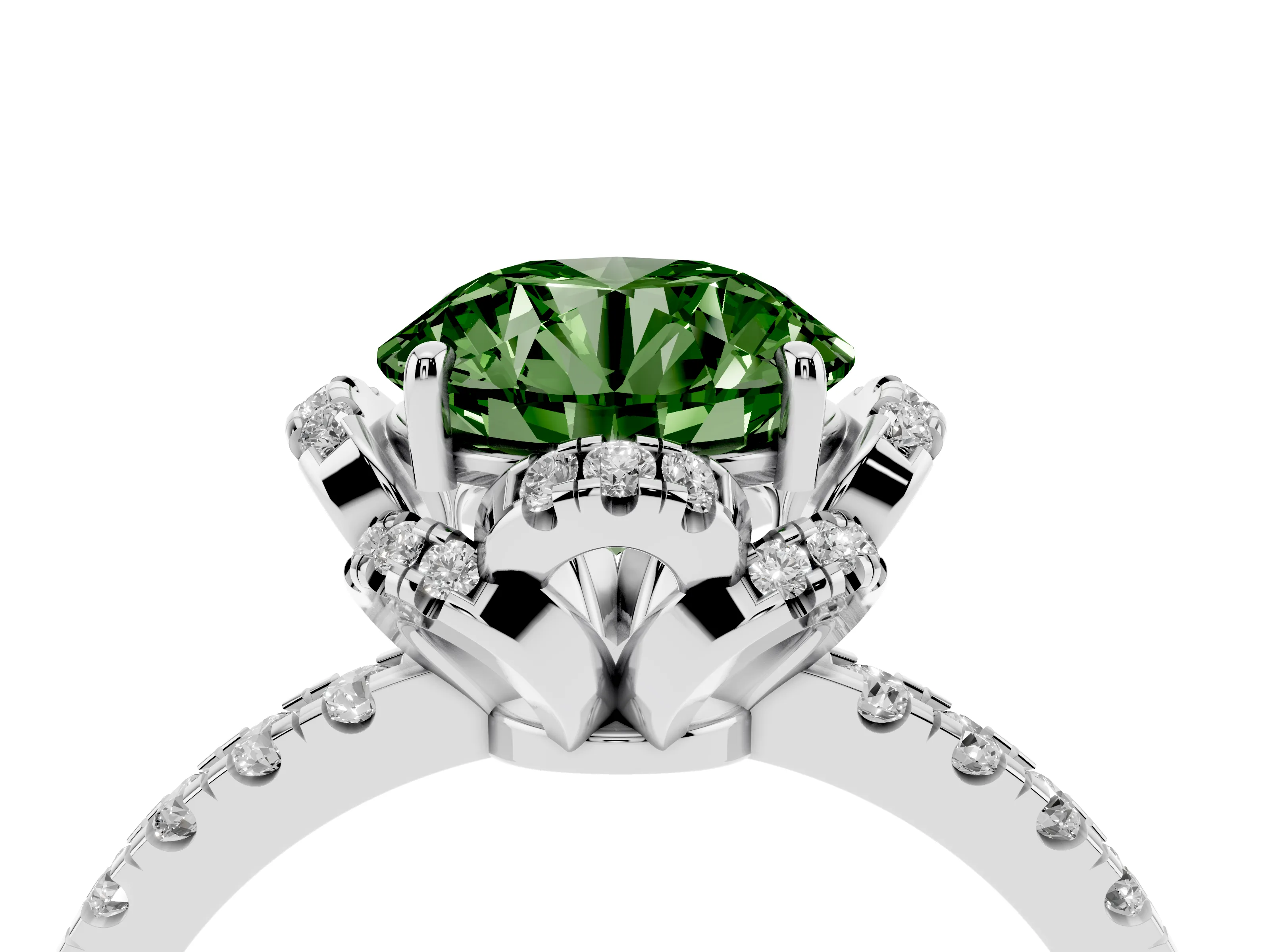 Fancy Green Round Cut Diamond Halo Pavé Band Ring Set in White gold with Prong-Held Center