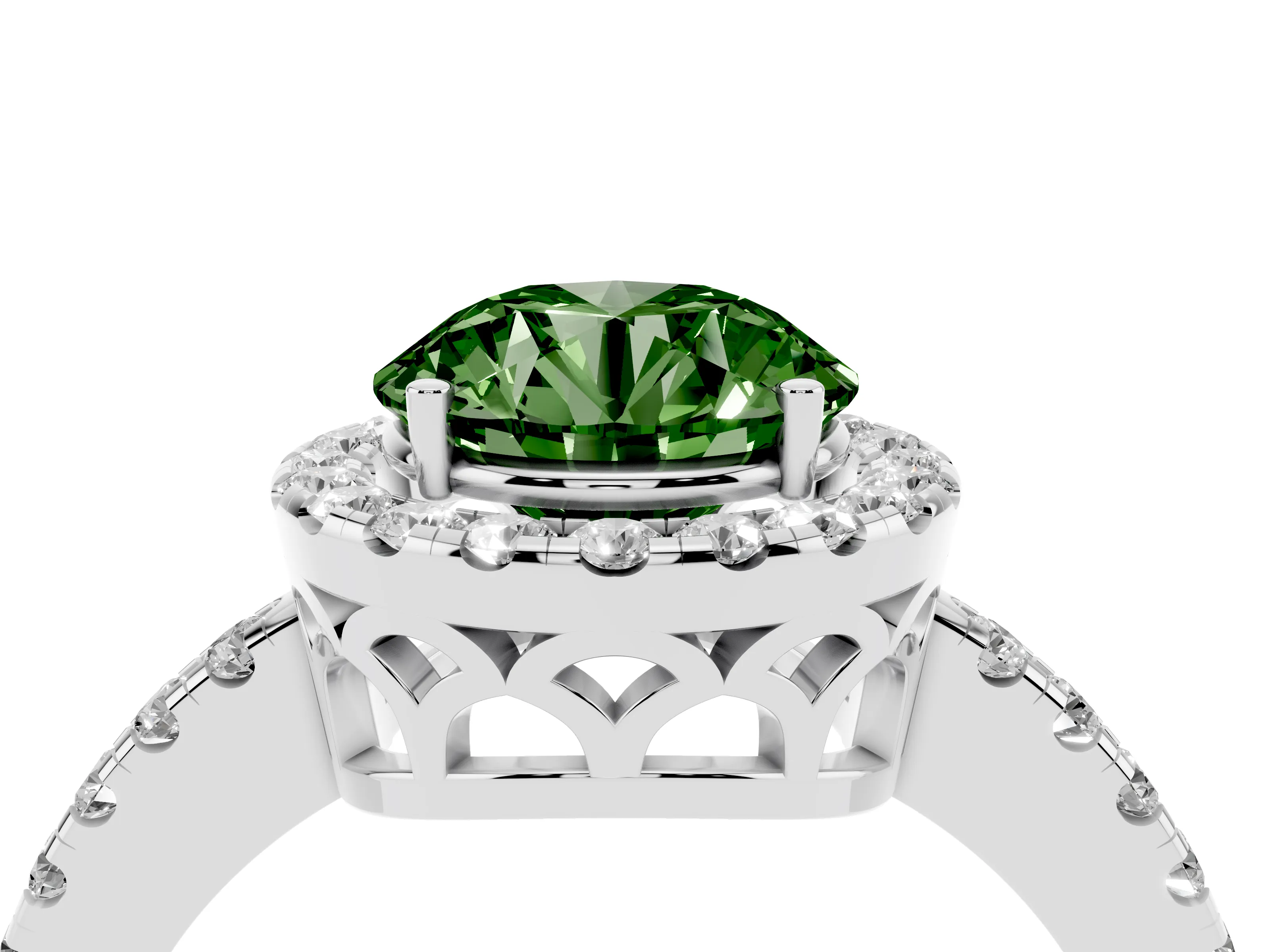 Fancy Green Round Cut Diamond Pavé Band Halo Engagement Ring Set in Platinum with Prong Setting