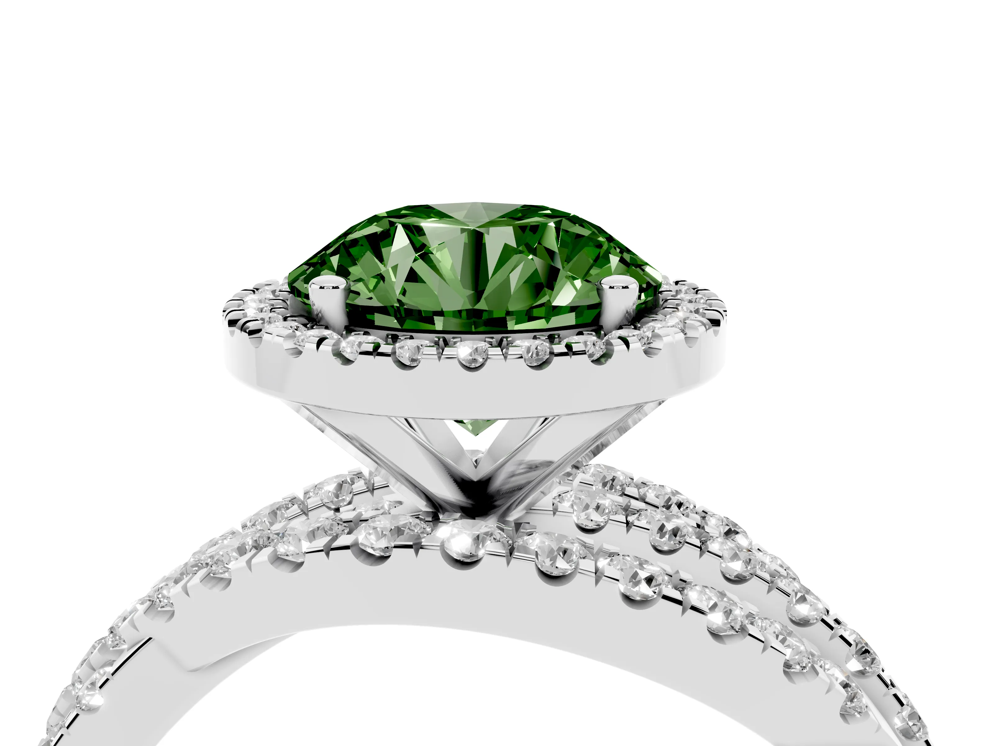 Fancy Green Round Cut Diamond Halo Ring Set in Platinum with Round Crossover Split Shank and Prong Setting