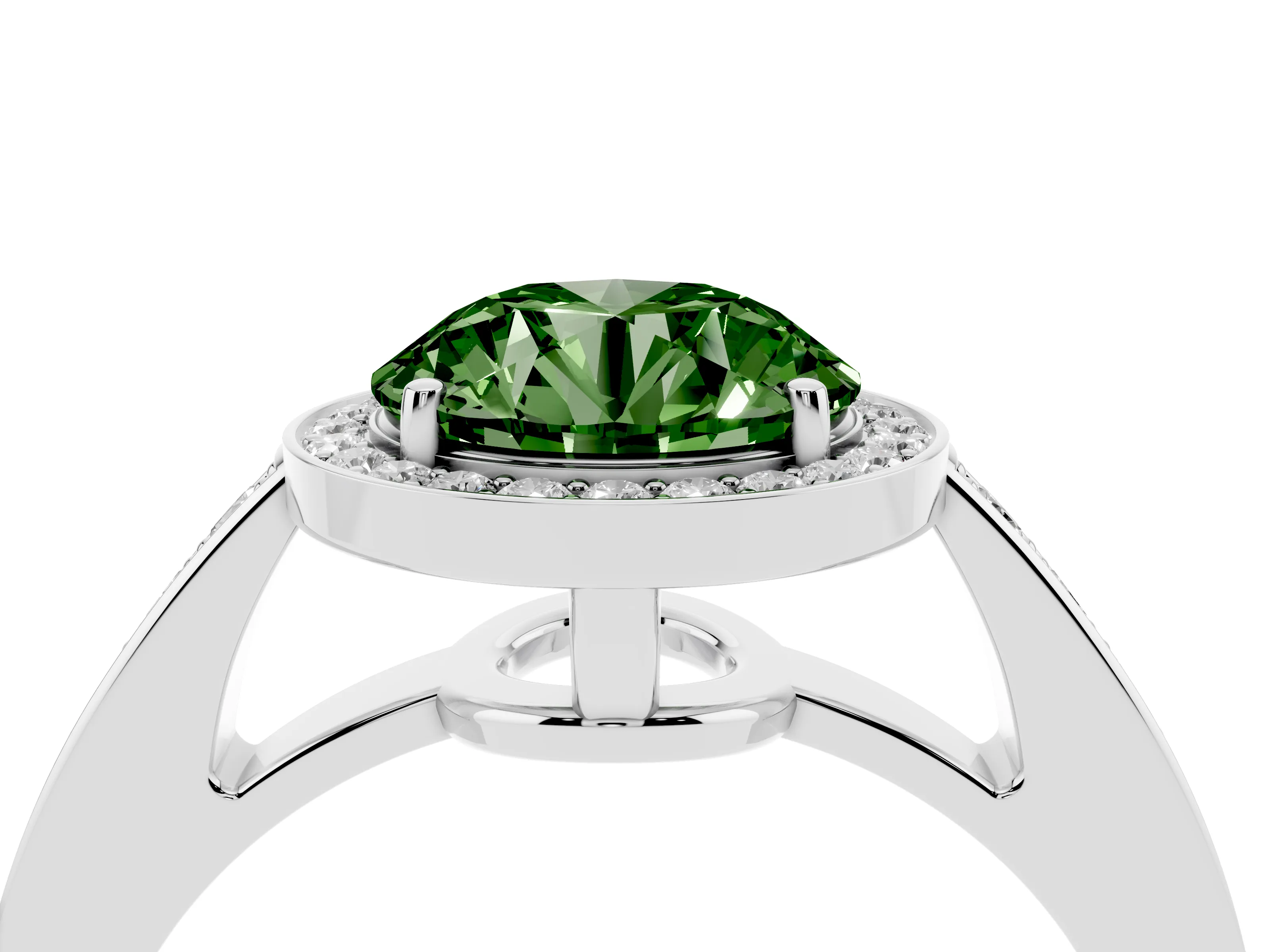 Fancy Green Round Cut Diamond Halo Pavé Engagement Ring Set in Silver with Bezel Setting