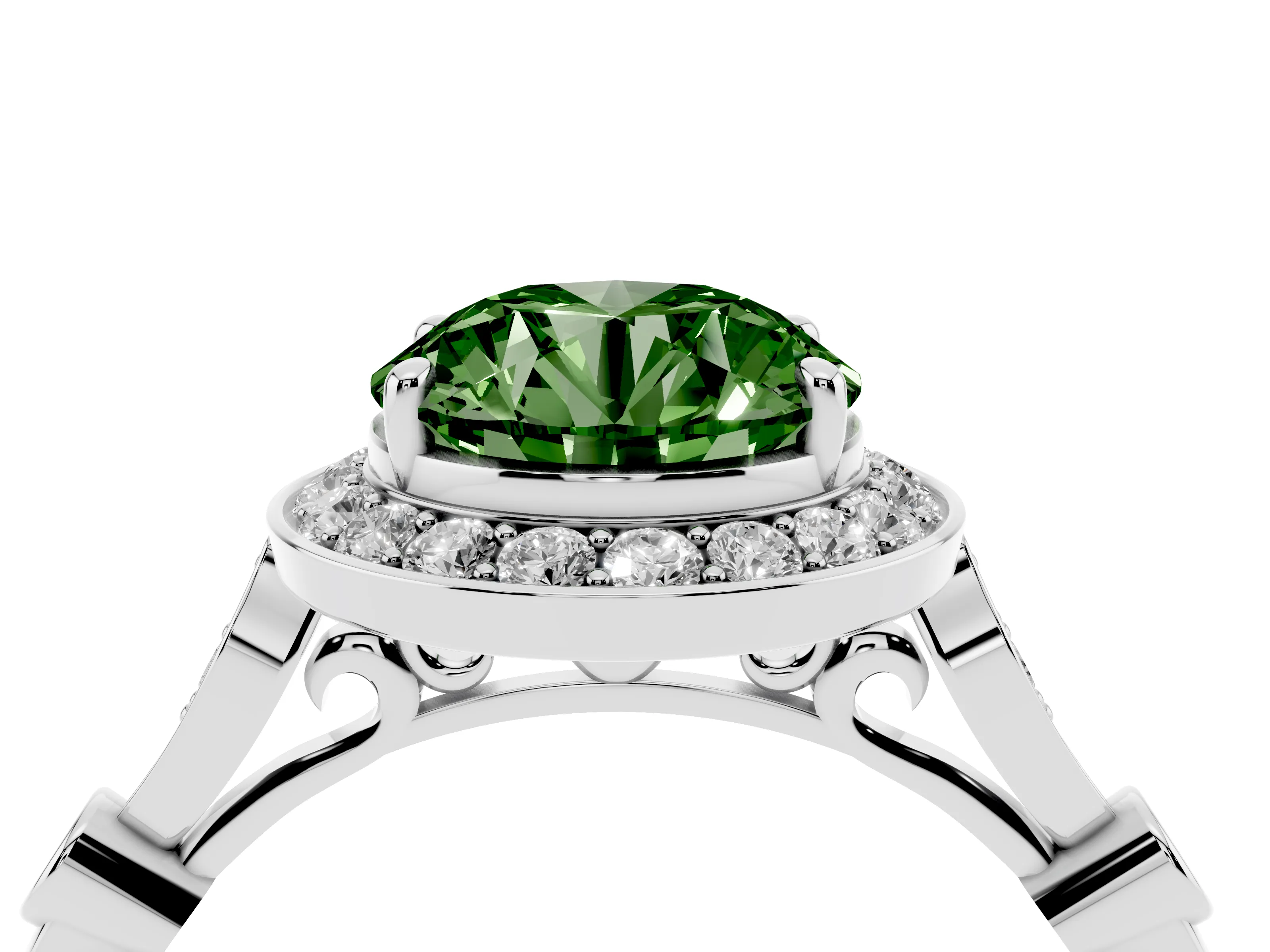 Fancy Green Round Cut Diamond Halo Engagement Ring Set in Platinum with Twisted Band and Prong Setting