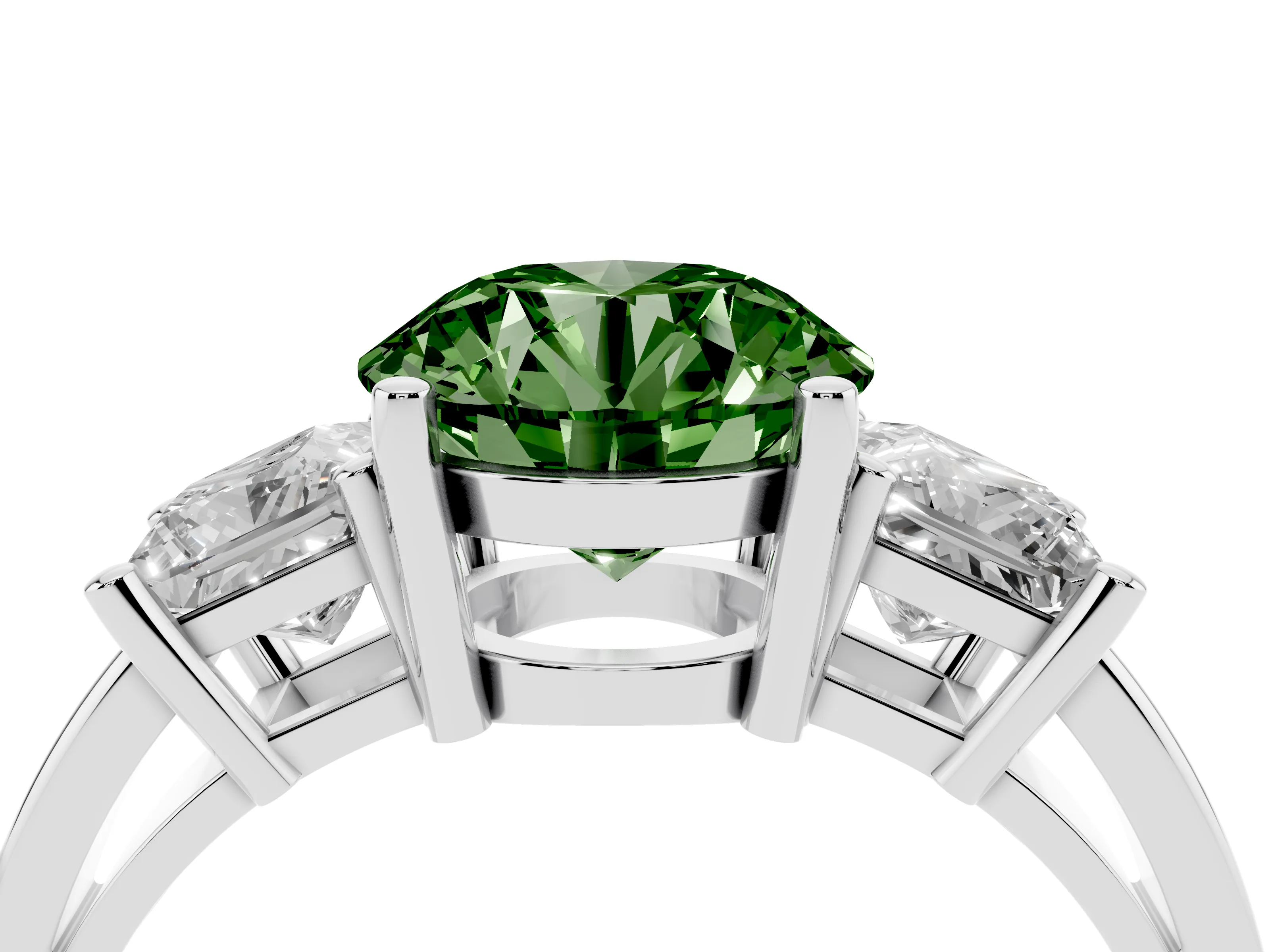 Fancy Green Three-Stone Round Cut Diamond Solitaire Ring Set in White gold with Prong Setting