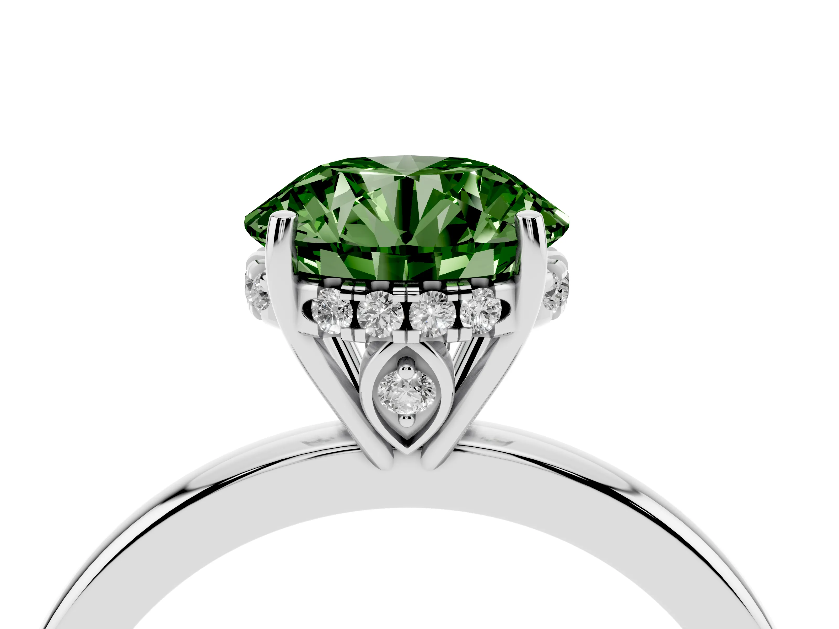 Fancy Green Round Cut Diamond Solitaire Ring Set in White gold with Plain Band and Prong Setting