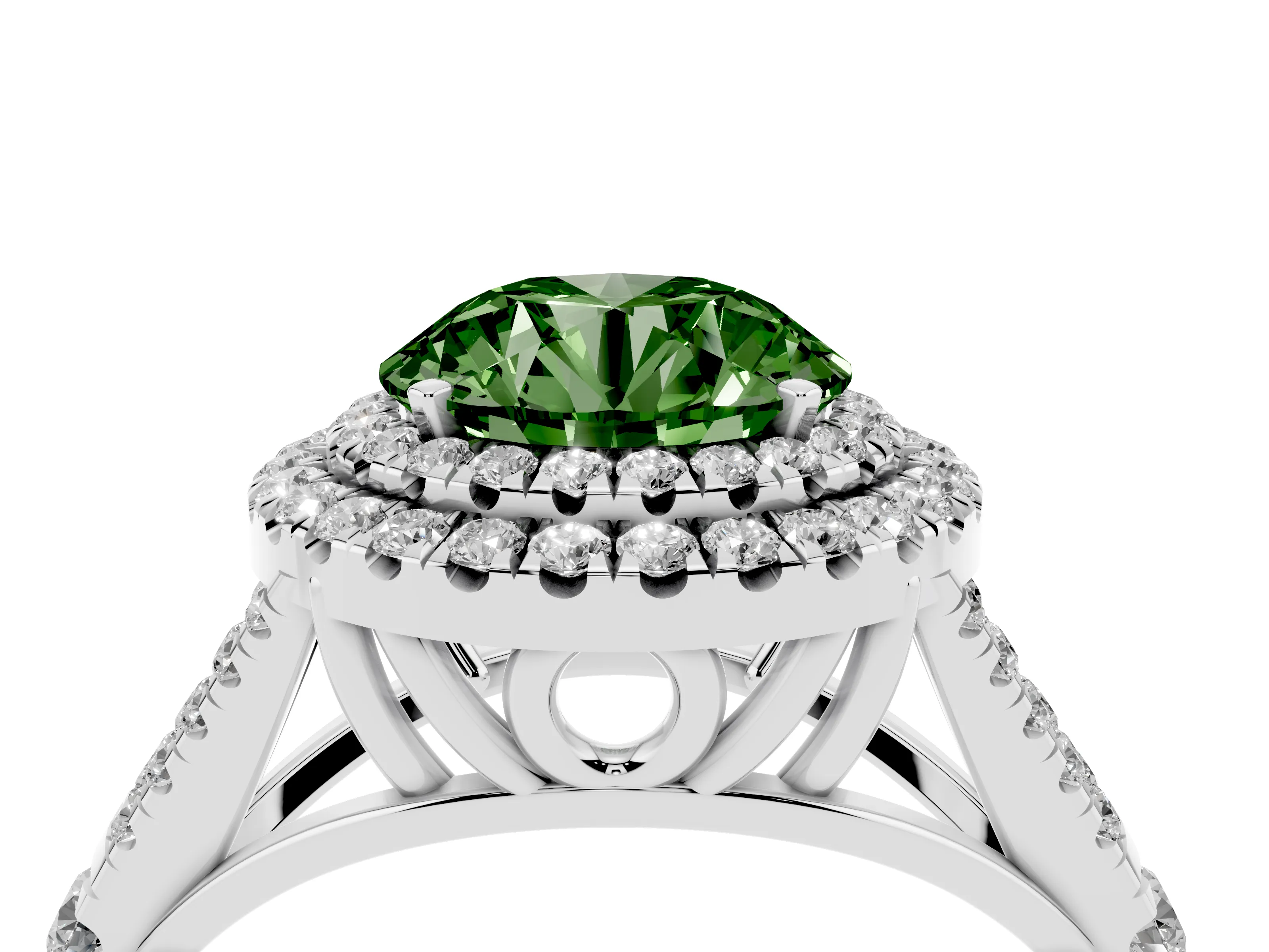 Fancy Green Round Cut Diamond Pavé Split Shank Double Halo Engagement Ring Set in Platinum