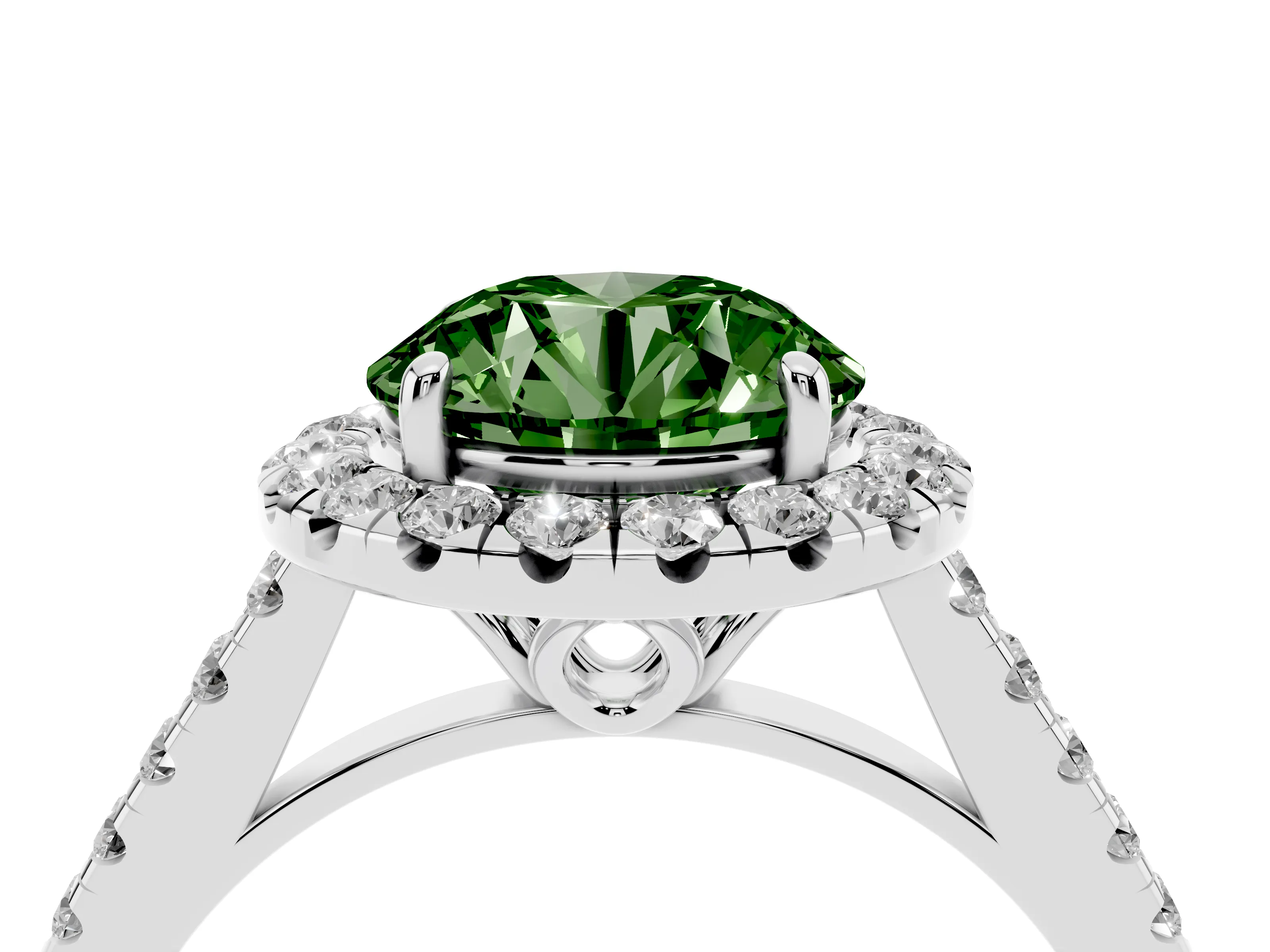 Fancy Green Round Cut Diamond Pavé Halo Engagement Ring Set in Platinum with Pavé Band and Prong Setting